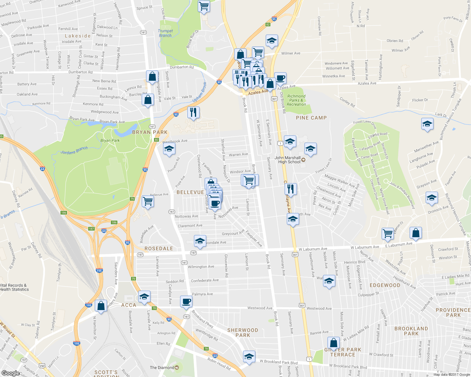 map of restaurants, bars, coffee shops, grocery stores, and more near 1230 Bellevue Avenue in Richmond