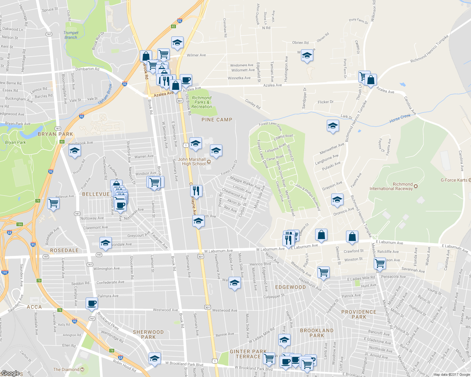 map of restaurants, bars, coffee shops, grocery stores, and more near 805 Lincoln Avenue in Richmond