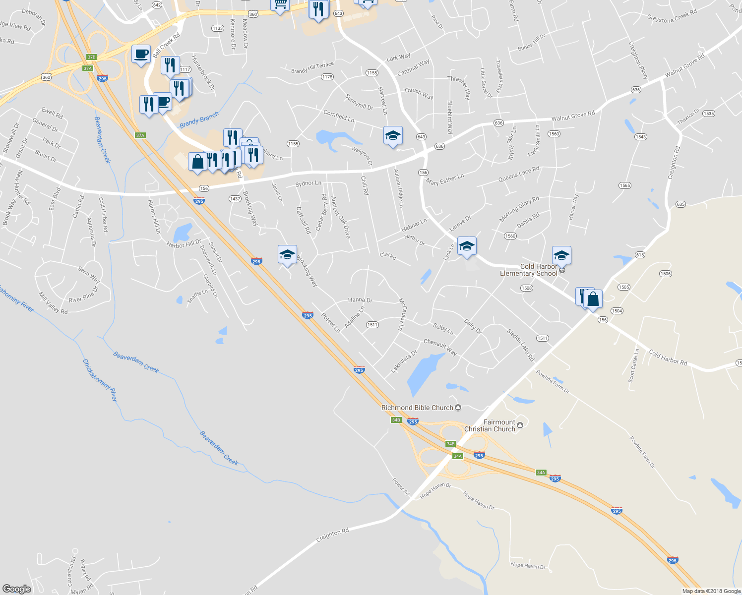 map of restaurants, bars, coffee shops, grocery stores, and more near 6498 Hanna Drive in Mechanicsville