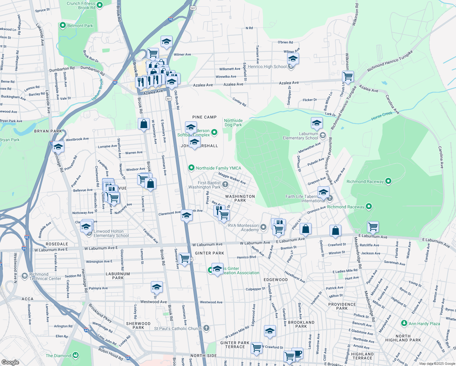map of restaurants, bars, coffee shops, grocery stores, and more near 716 Lincoln Avenue in Richmond