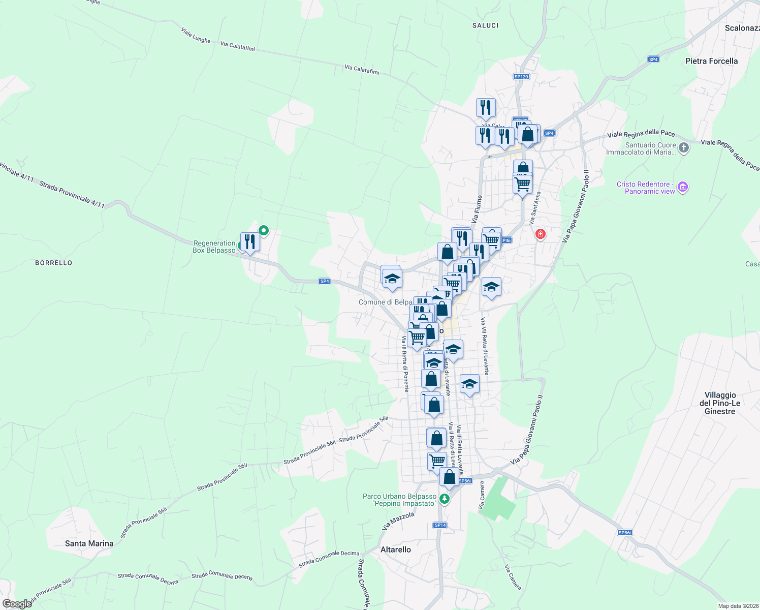 map of restaurants, bars, coffee shops, grocery stores, and more near 37 Via Santa Maria di Licodia in Belpasso