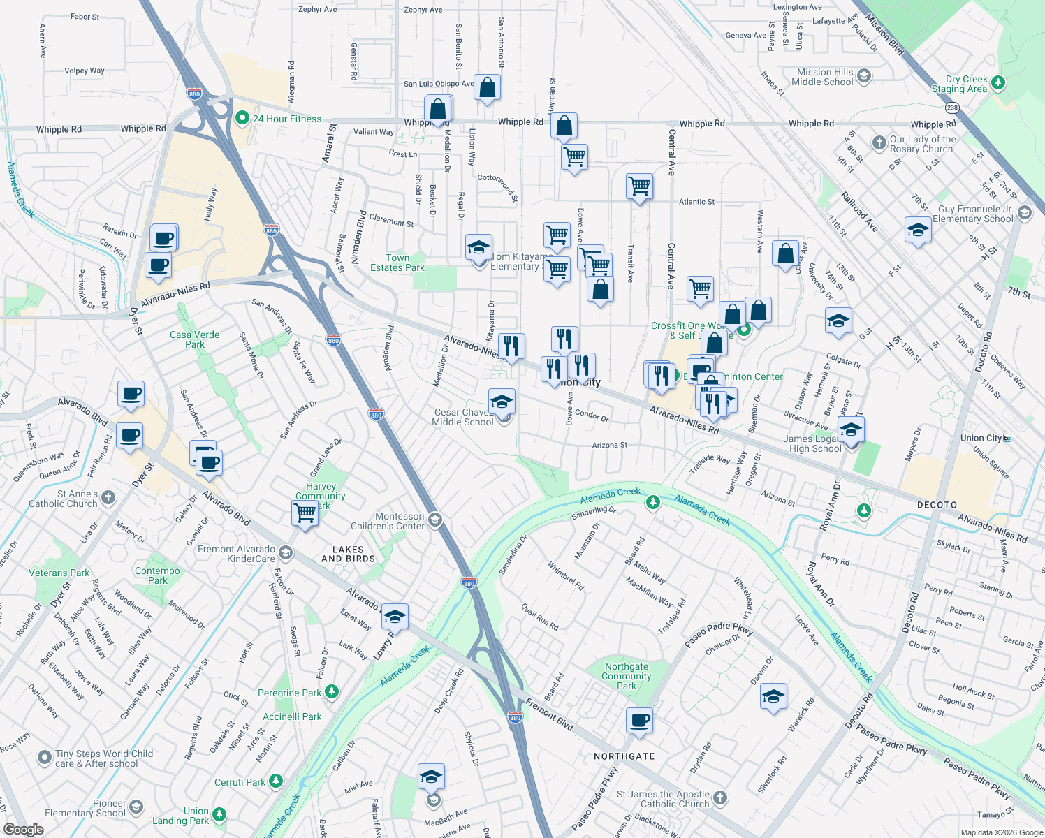 map of restaurants, bars, coffee shops, grocery stores, and more near 33001 Hop Ranch Court in Union City