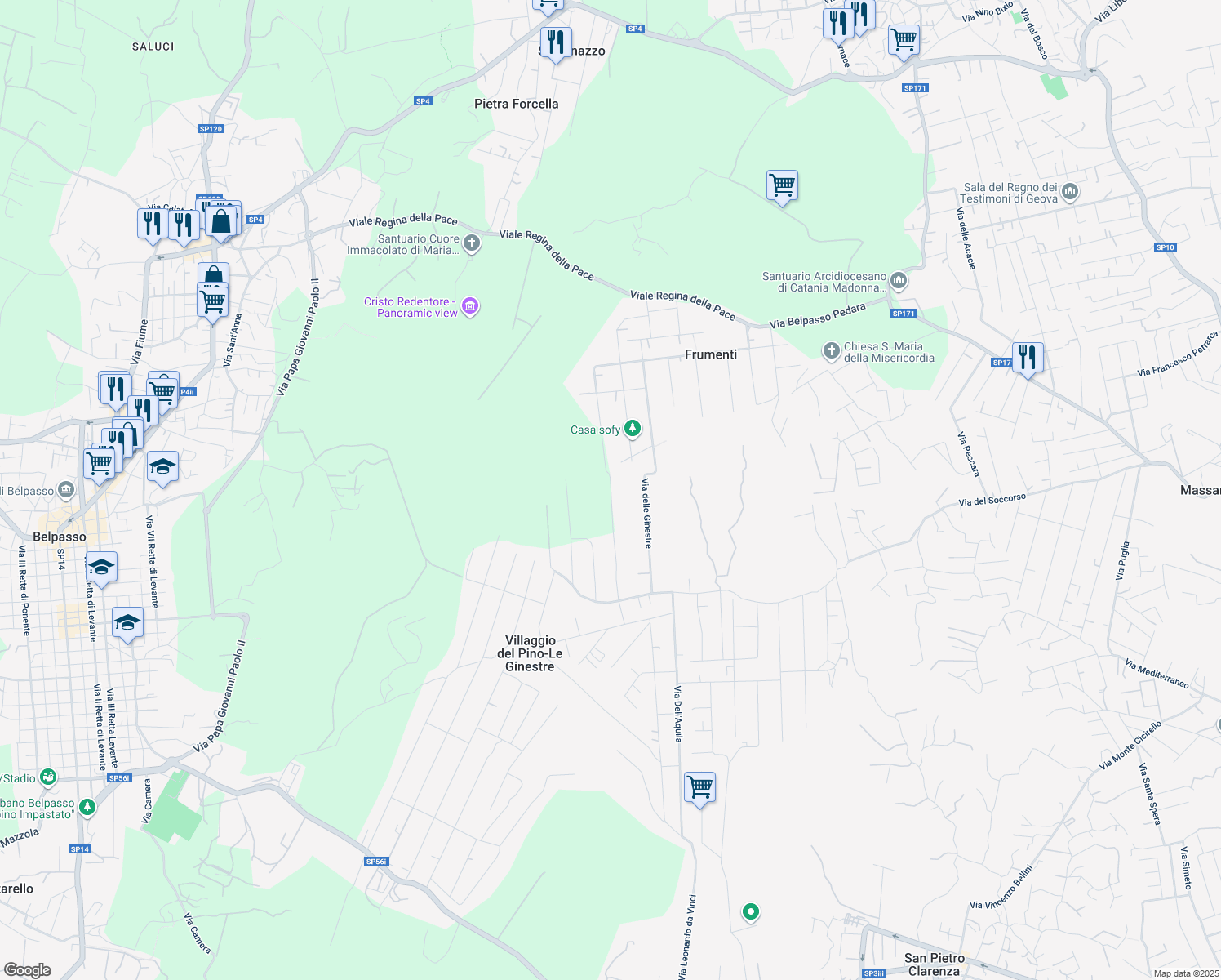 map of restaurants, bars, coffee shops, grocery stores, and more near 144 Via delle Ginestre in Città metropolitana di Catania