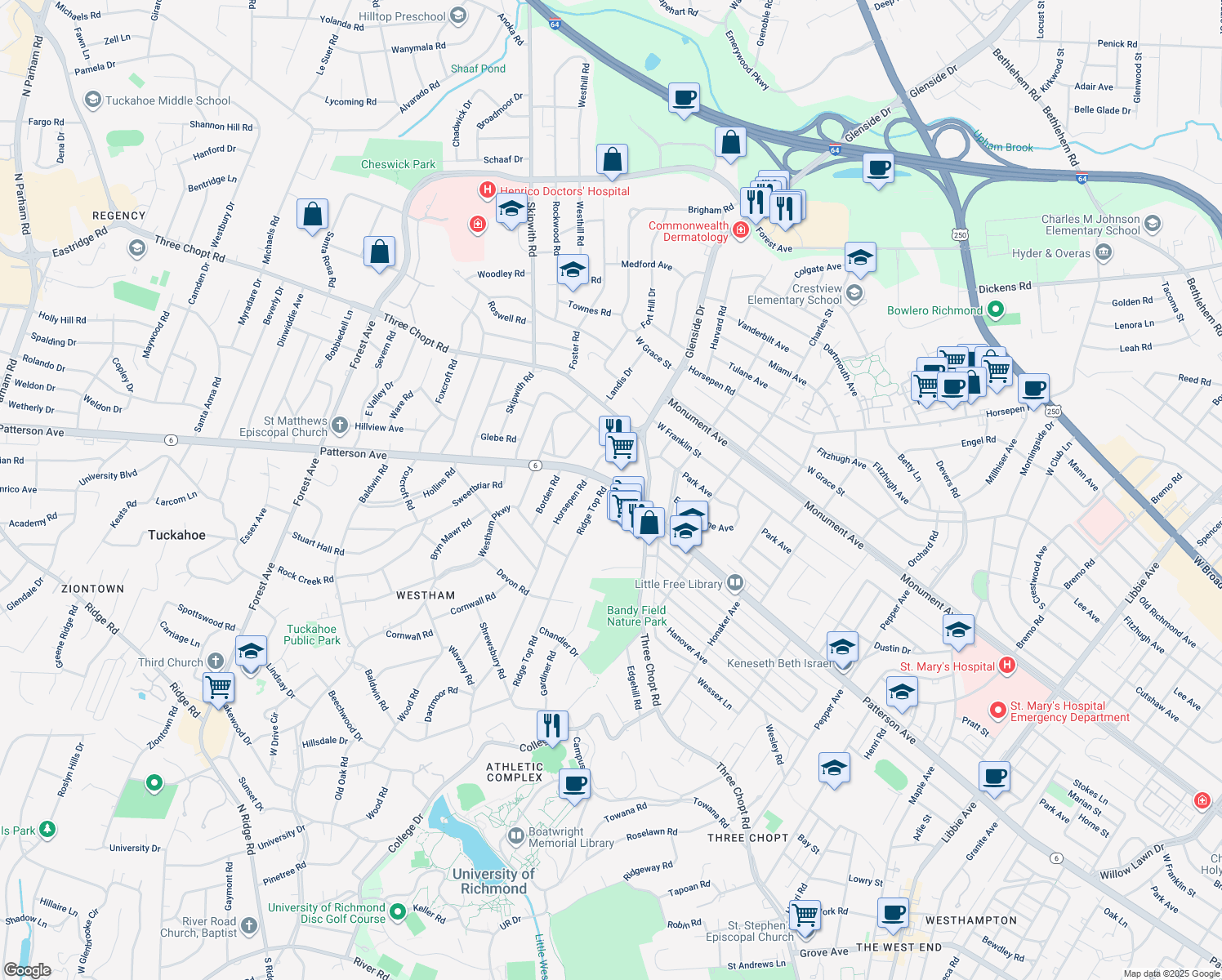 map of restaurants, bars, coffee shops, grocery stores, and more near 1033 Ridge Top Road in Richmond