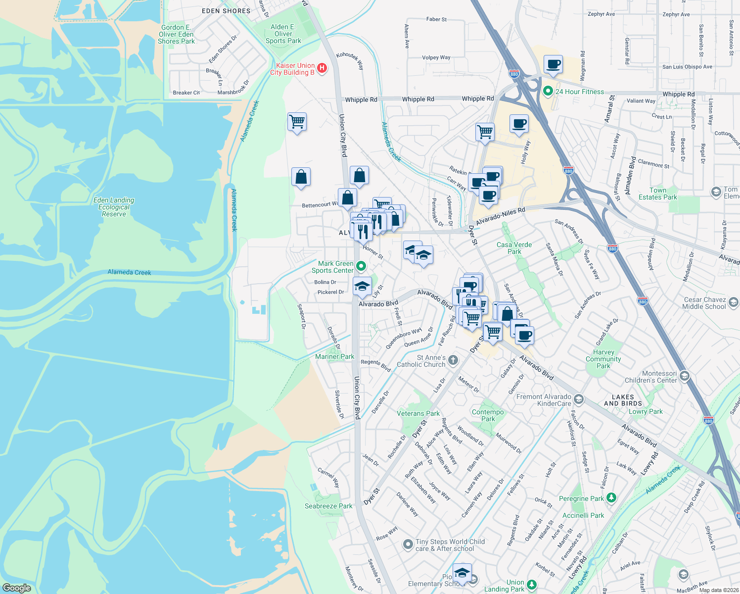 map of restaurants, bars, coffee shops, grocery stores, and more near 31265 Lily Street in Union City