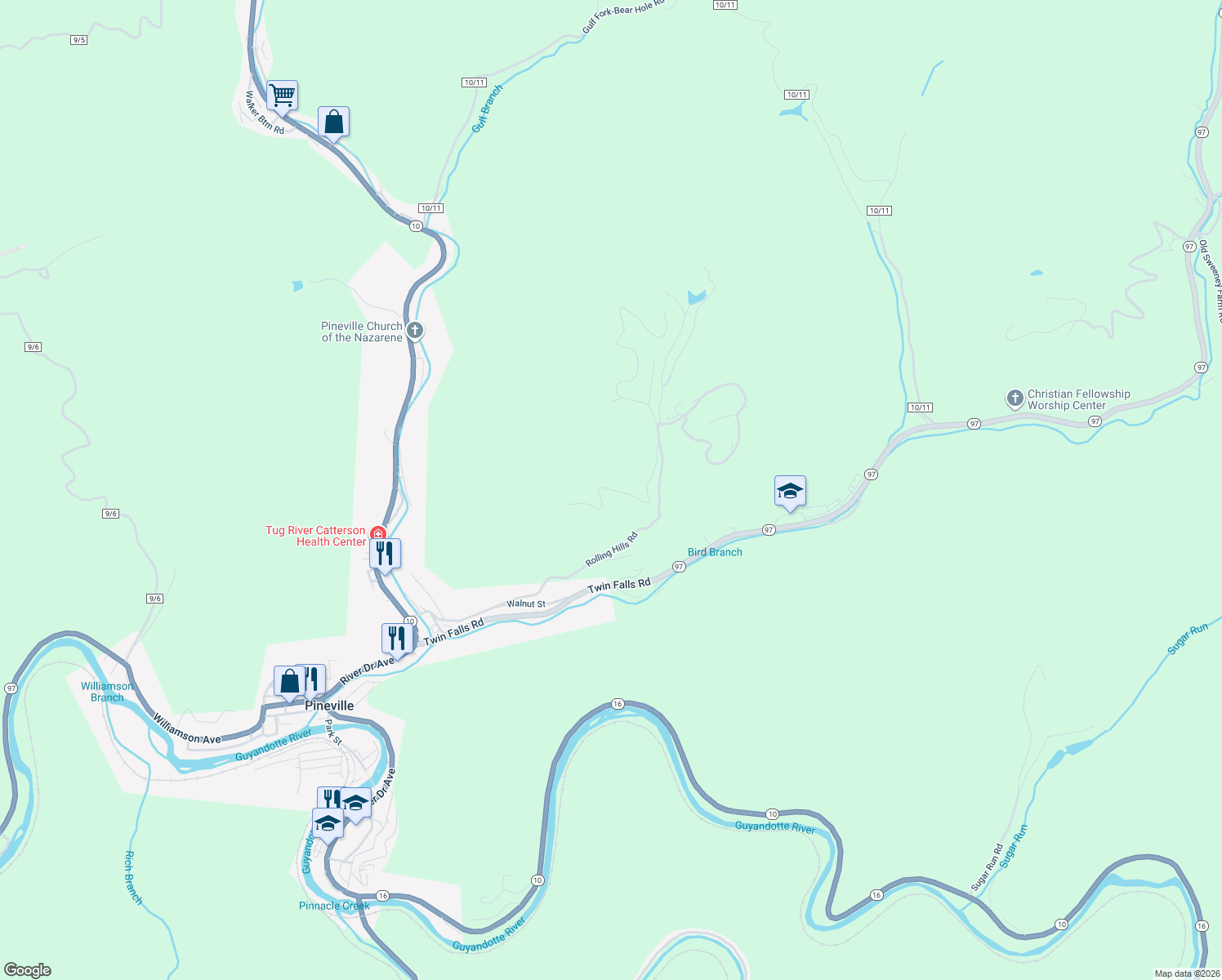 map of restaurants, bars, coffee shops, grocery stores, and more near Rolling Hills Road in Pineville