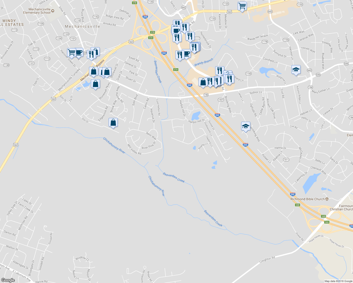 map of restaurants, bars, coffee shops, grocery stores, and more near 7293 Ann Cabell Lane in Mechanicsville