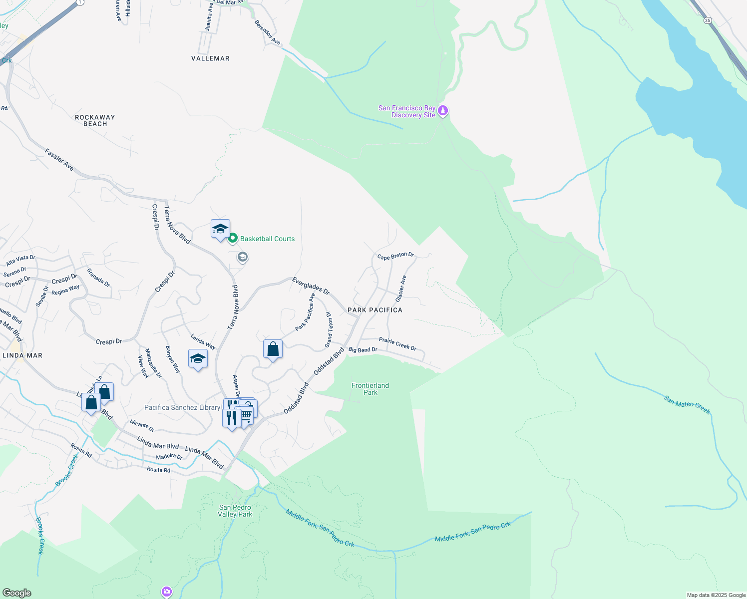 map of restaurants, bars, coffee shops, grocery stores, and more near 1136 Oddstad Boulevard in Pacifica
