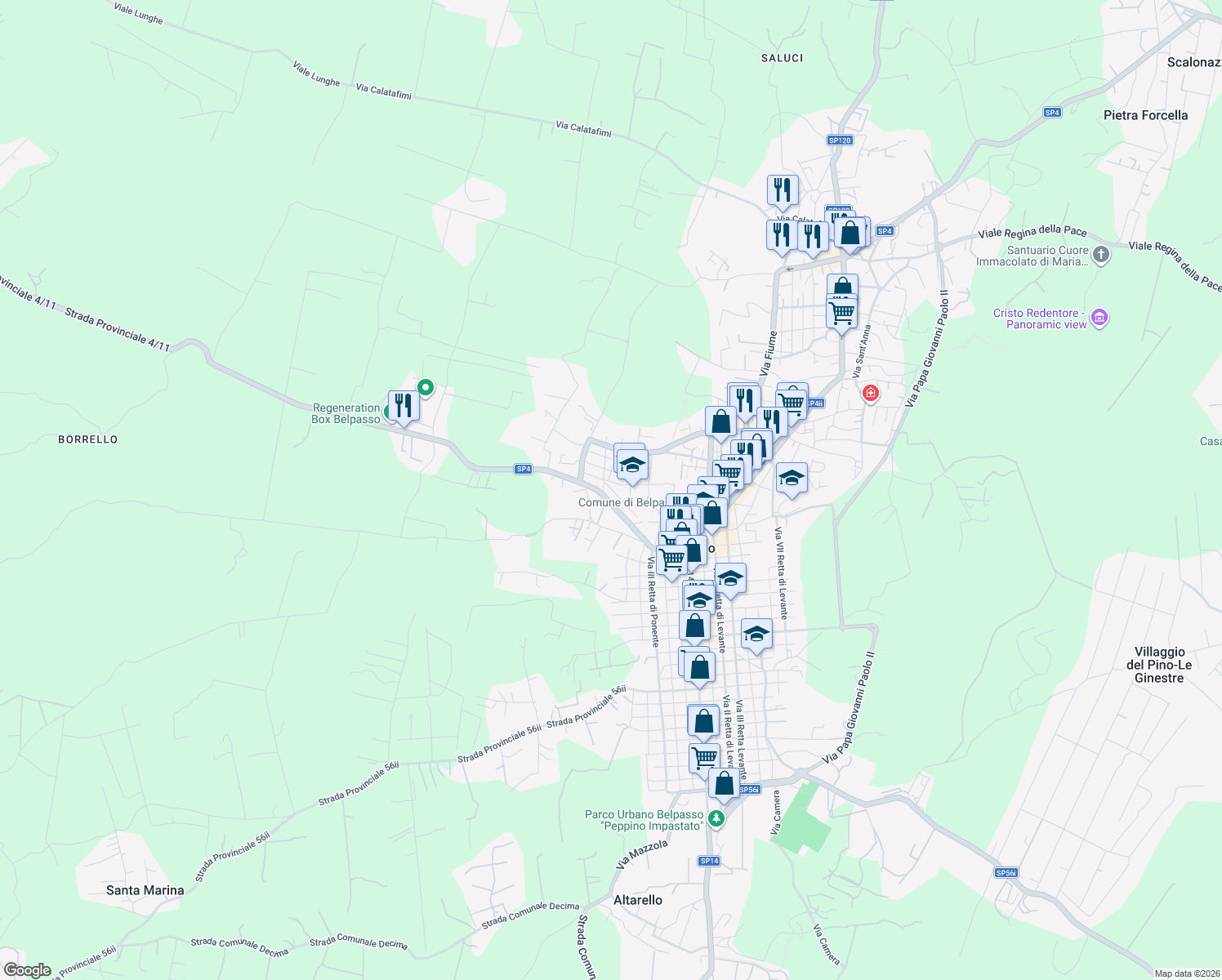 map of restaurants, bars, coffee shops, grocery stores, and more near 37 Via Santa Maria di Licodia in Belpasso
