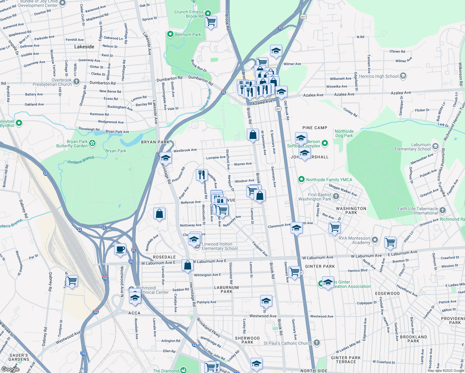 map of restaurants, bars, coffee shops, grocery stores, and more near 4303 Newport Drive in Richmond