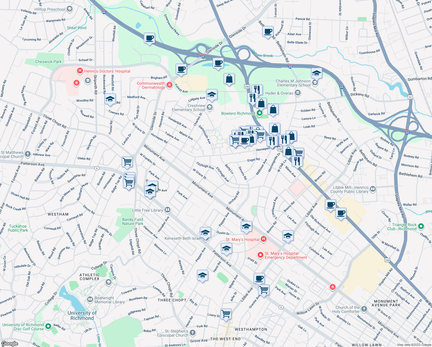 map of restaurants, bars, coffee shops, grocery stores, and more near 6521 Fitzhugh Avenue in Richmond