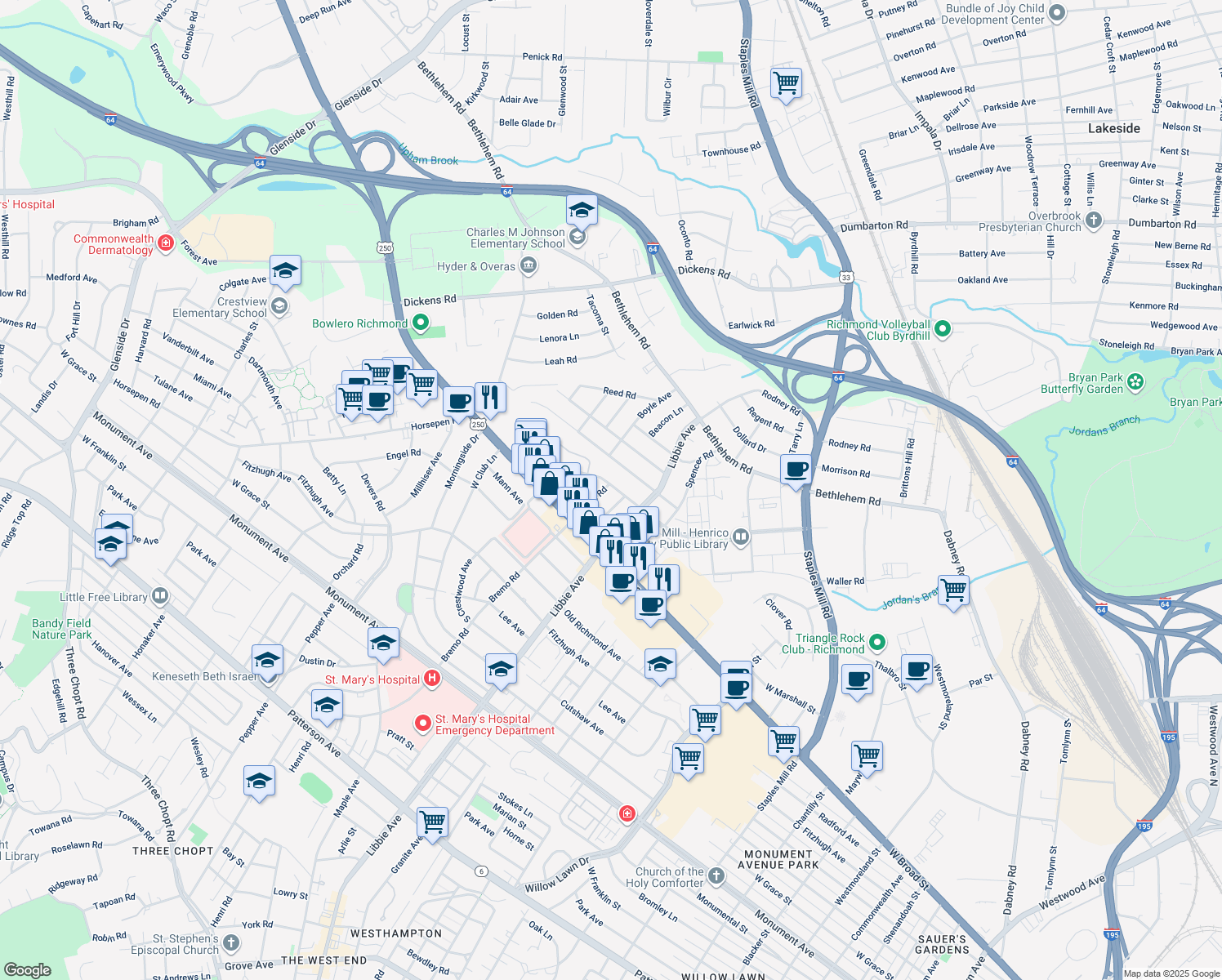 map of restaurants, bars, coffee shops, grocery stores, and more near 2121 Bremo Road in Richmond