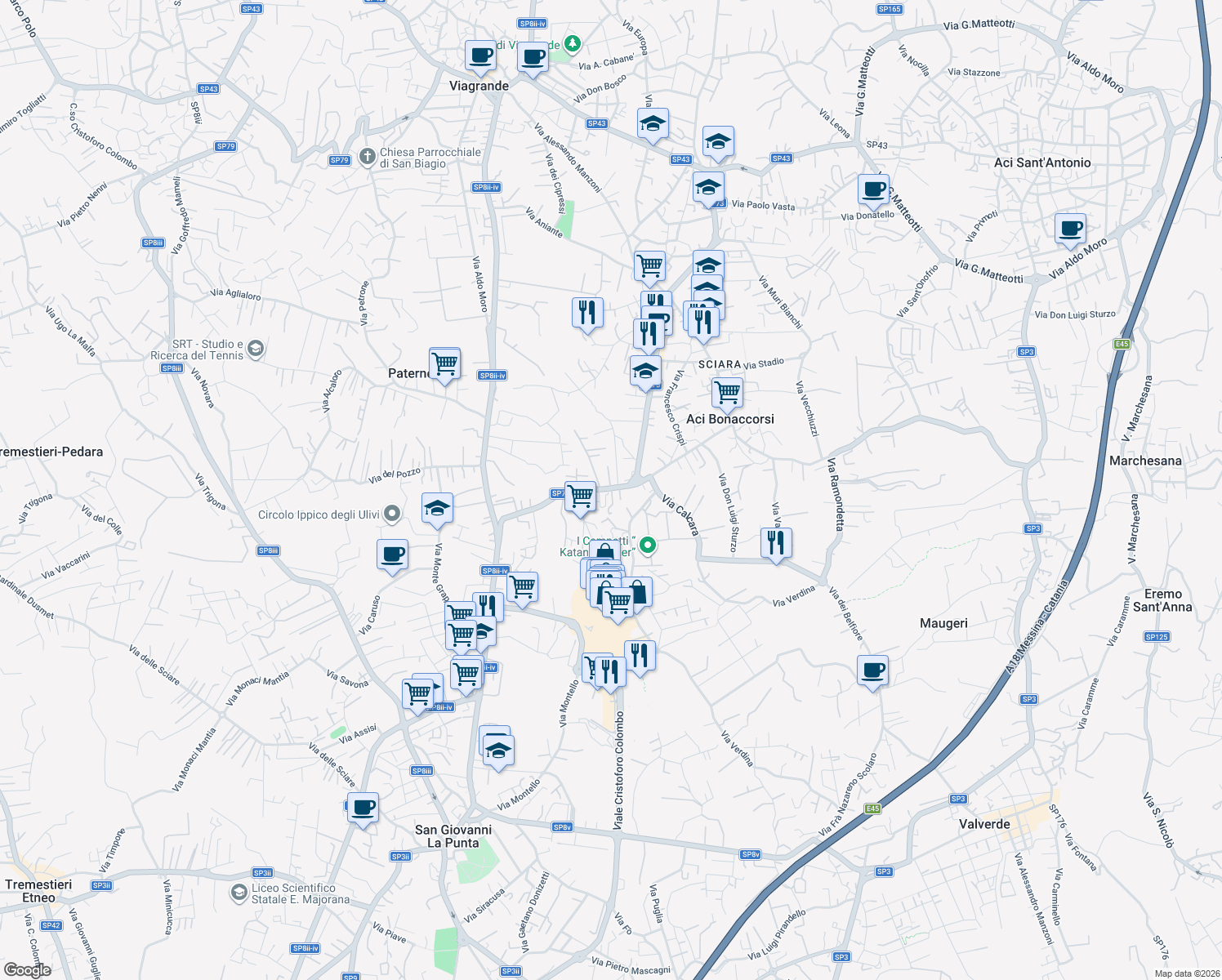 map of restaurants, bars, coffee shops, grocery stores, and more near in Città metropolitana di Catania