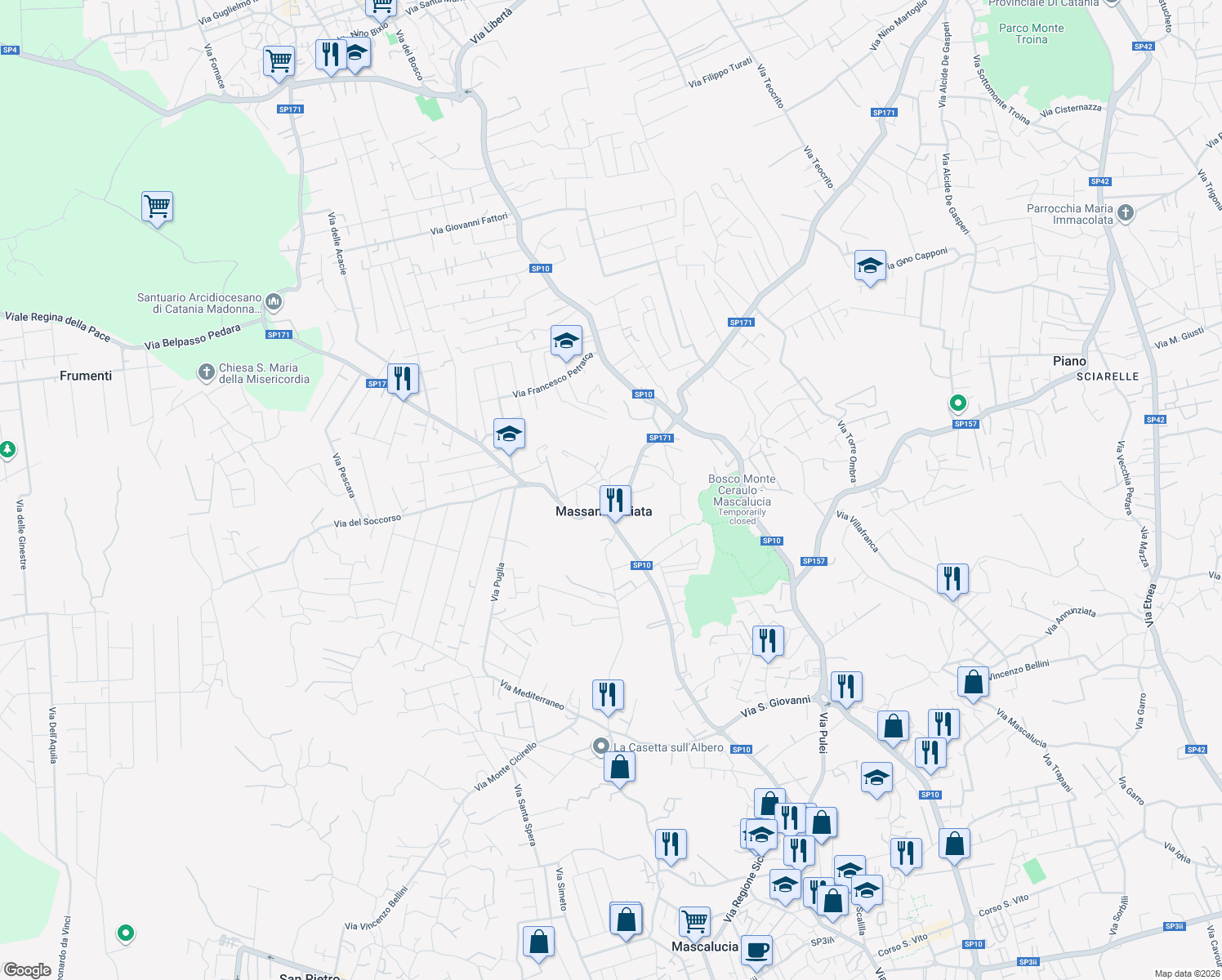 map of restaurants, bars, coffee shops, grocery stores, and more near 8 Via delle Mandre in Mascalucia