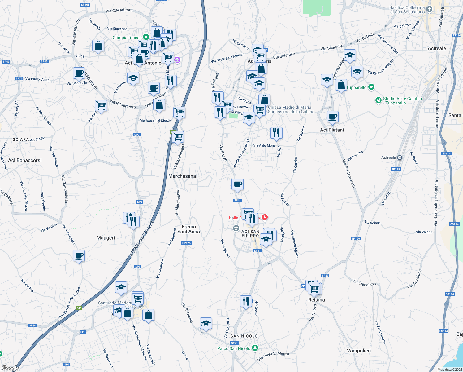 map of restaurants, bars, coffee shops, grocery stores, and more near 3A Via Stocchi in Aci Catena