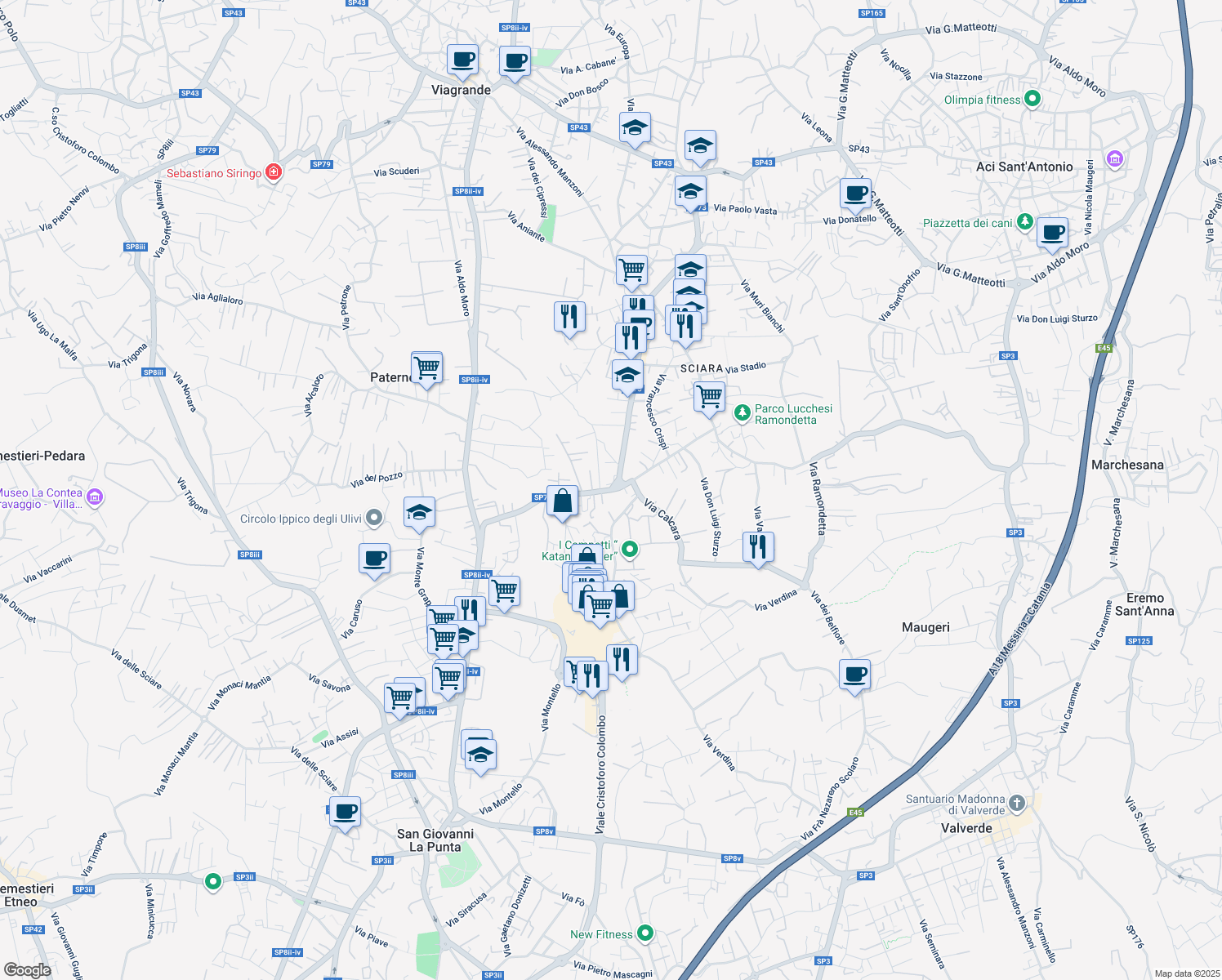 map of restaurants, bars, coffee shops, grocery stores, and more near in Città metropolitana di Catania