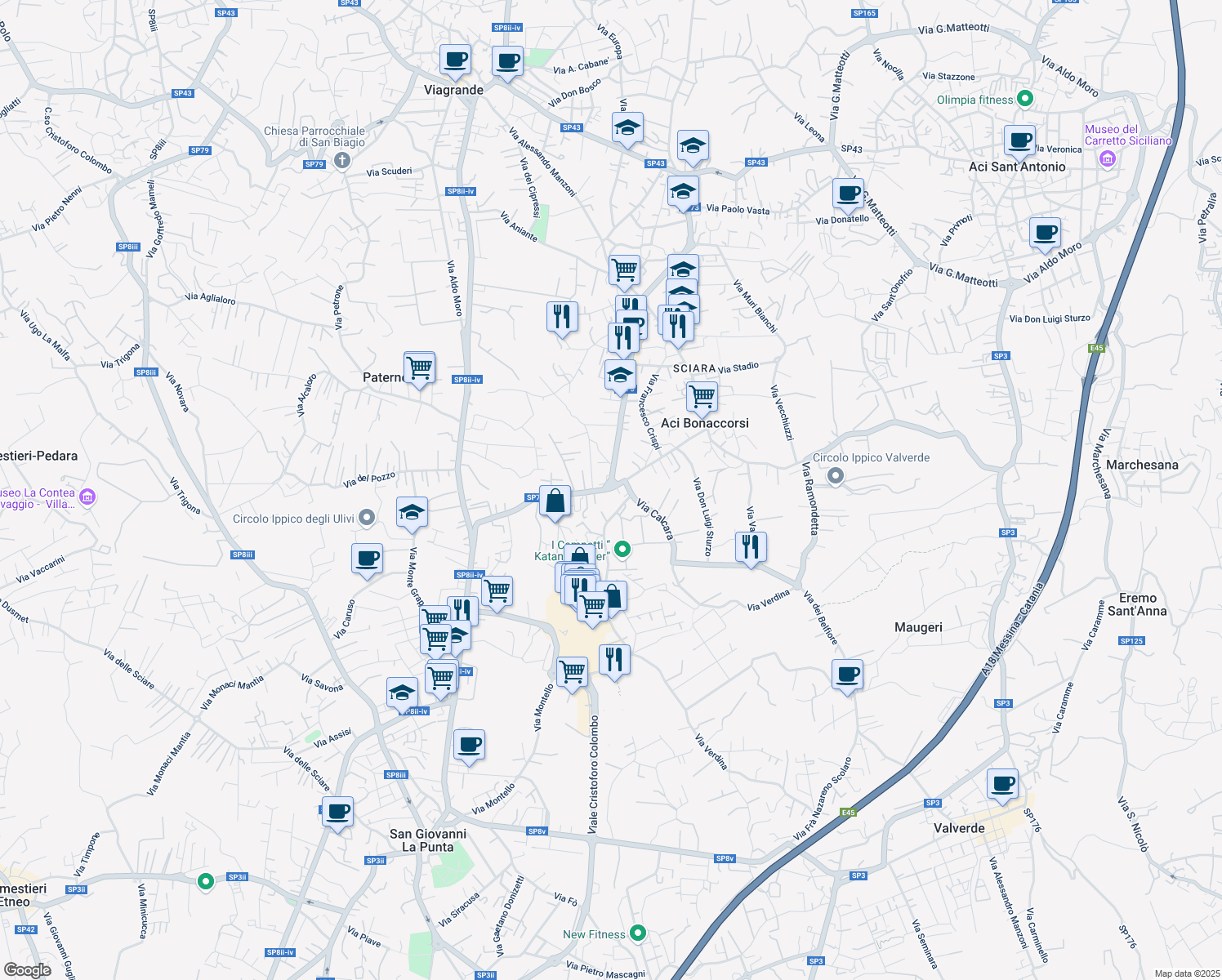 map of restaurants, bars, coffee shops, grocery stores, and more near SP73 Via Giuseppe Garibaldi in Aci Bonaccorsi