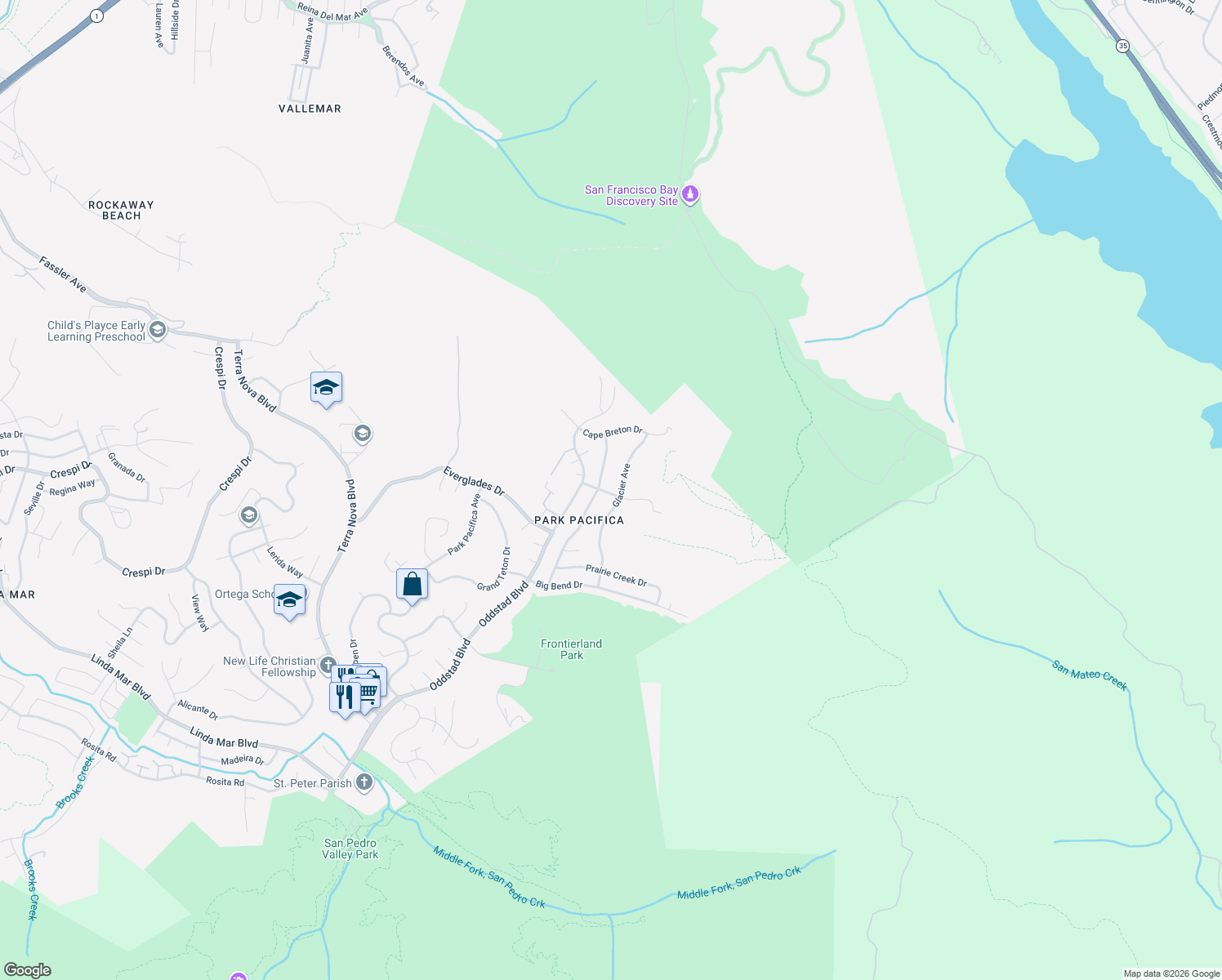 map of restaurants, bars, coffee shops, grocery stores, and more near 810 Saint Lawrence Drive in Pacifica
