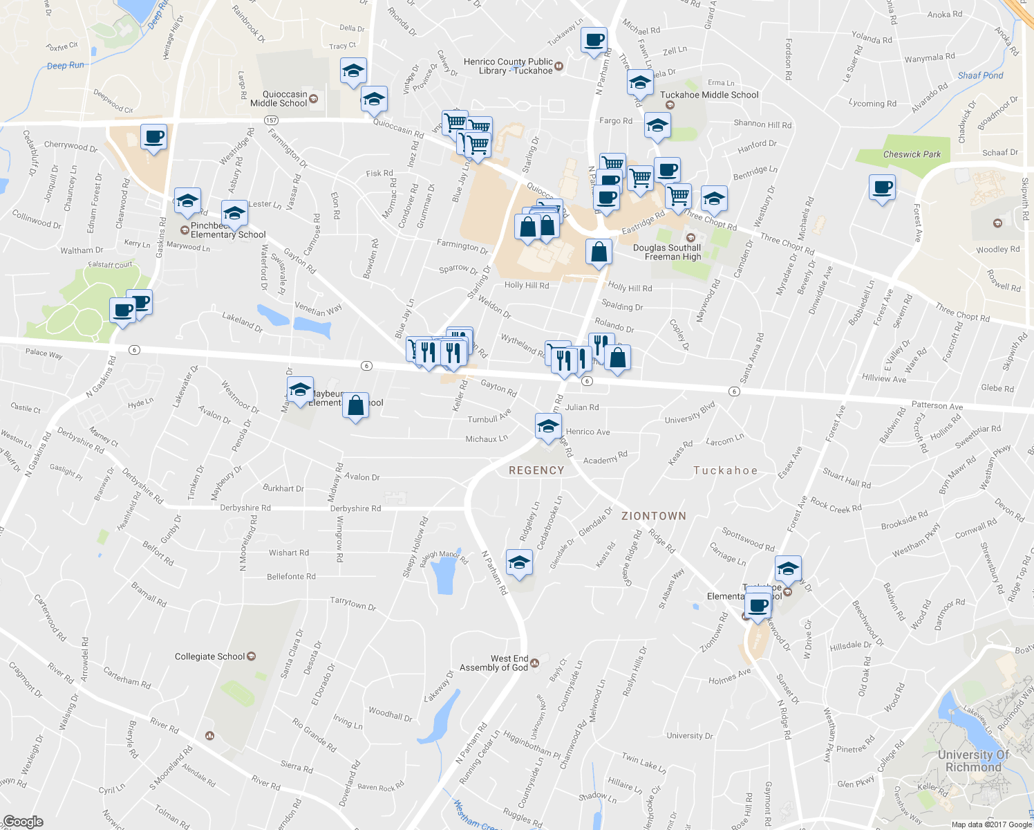 map of restaurants, bars, coffee shops, grocery stores, and more near 8710 Brawner Drive in Richmond