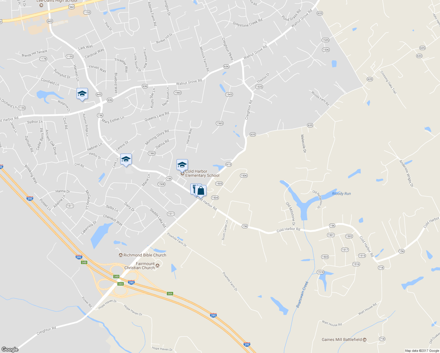 map of restaurants, bars, coffee shops, grocery stores, and more near 7112 Creighton Road in Mechanicsville