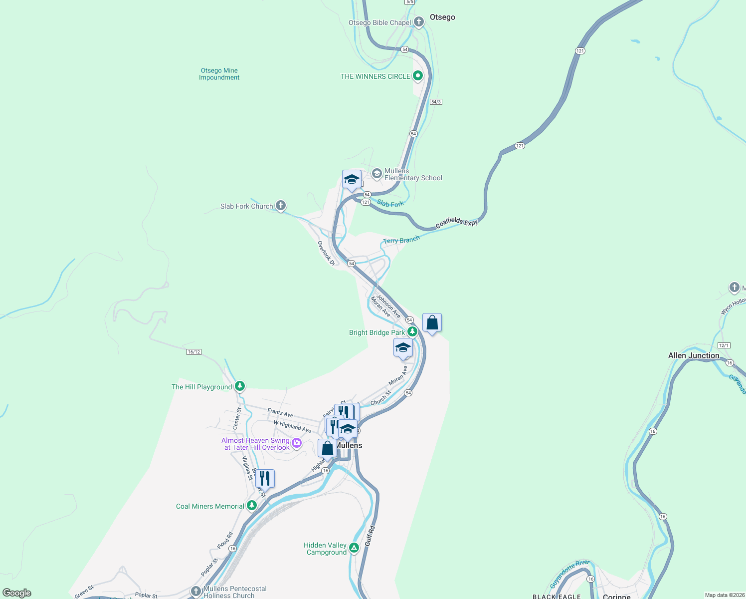 map of restaurants, bars, coffee shops, grocery stores, and more near 1115 Moran Avenue in Mullens