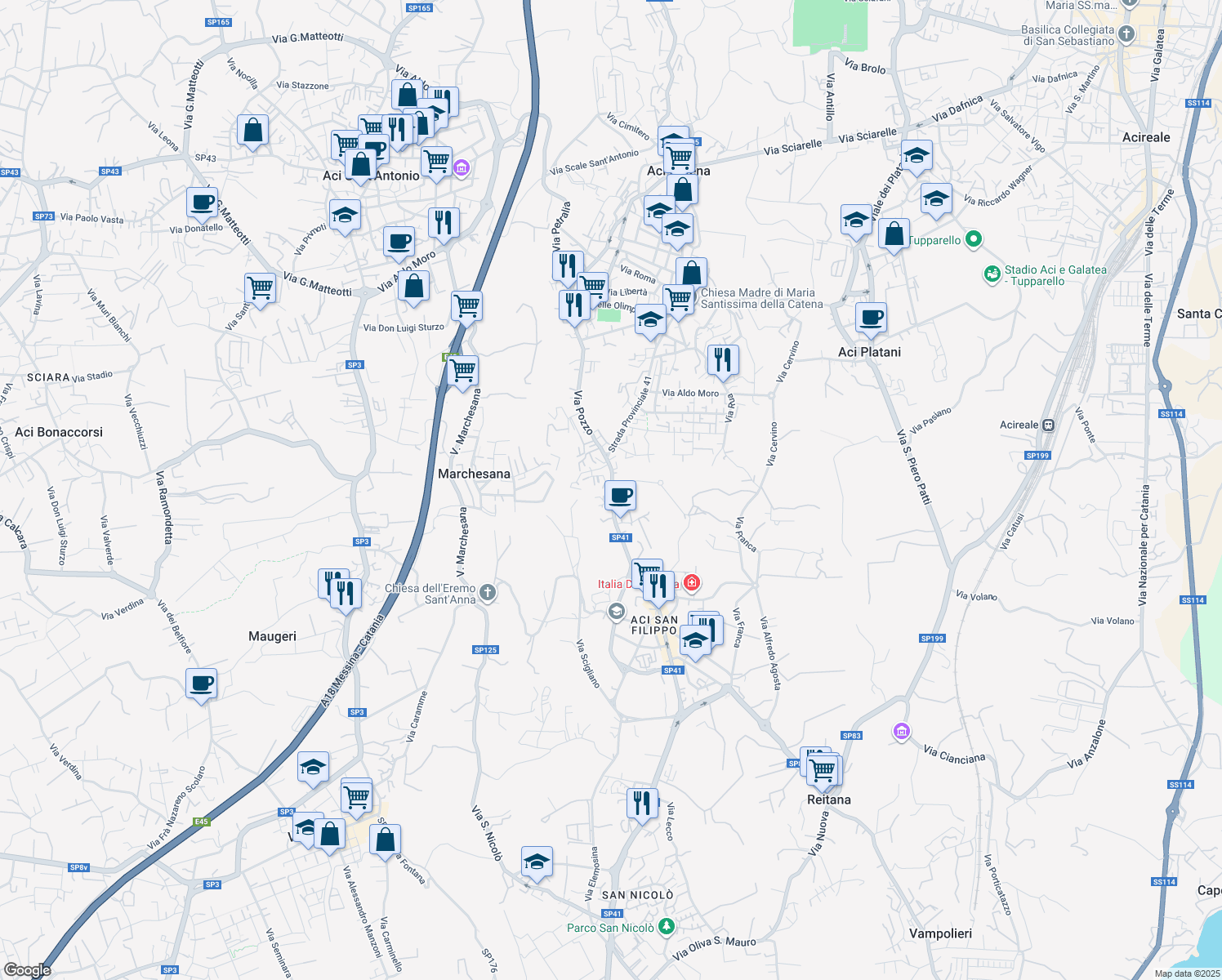 map of restaurants, bars, coffee shops, grocery stores, and more near 3A Via Stocchi in Aci Catena