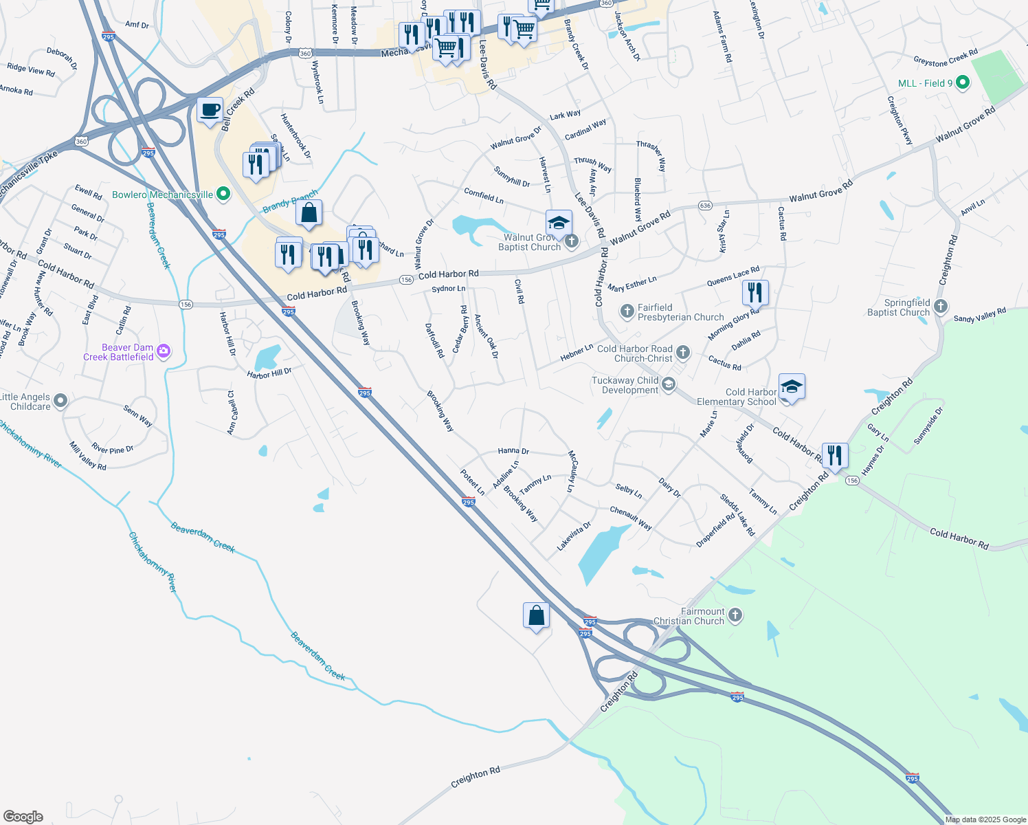 map of restaurants, bars, coffee shops, grocery stores, and more near 7121 McCauley Lane in Mechanicsville