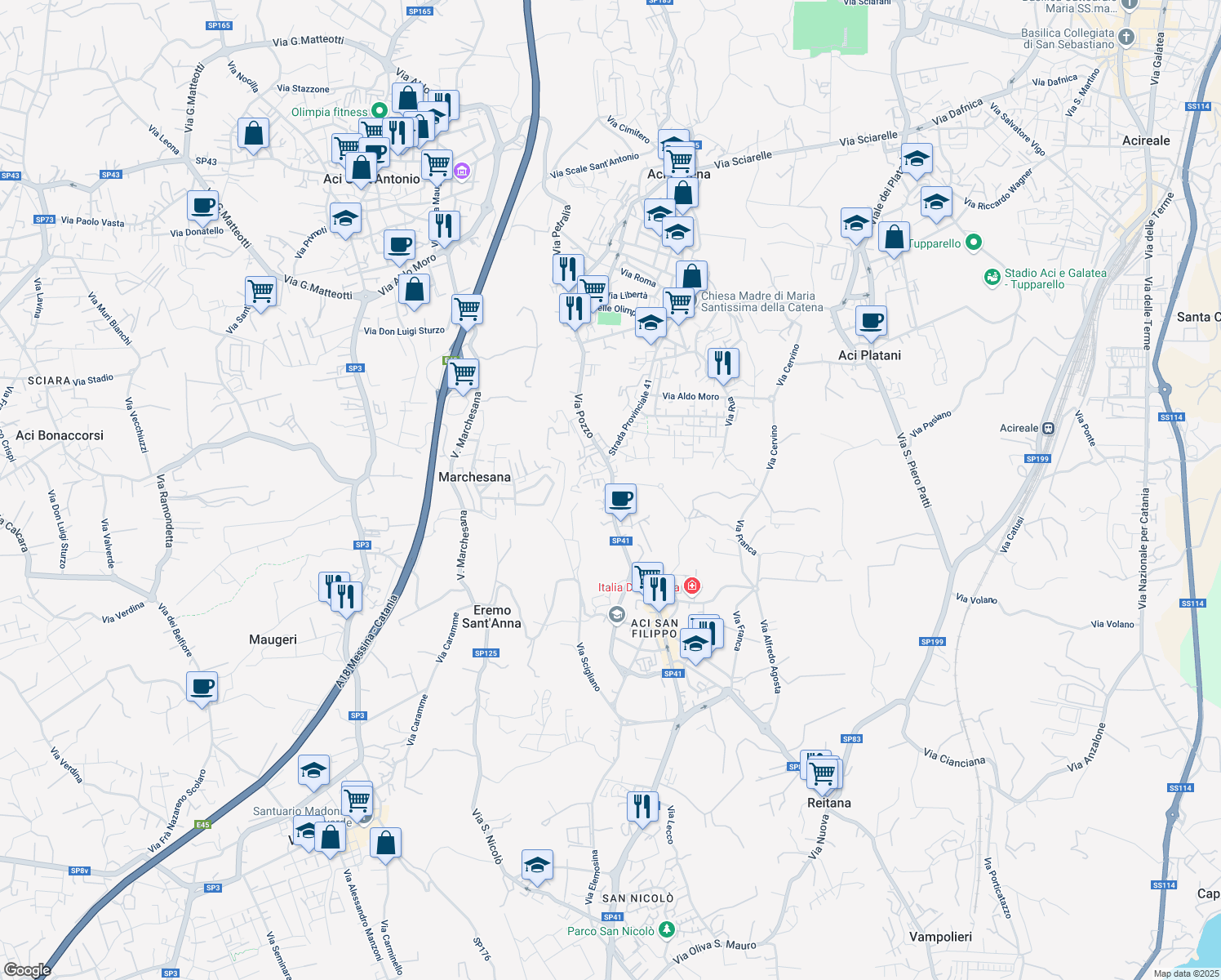 map of restaurants, bars, coffee shops, grocery stores, and more near 3A Via Stocchi in Aci Catena
