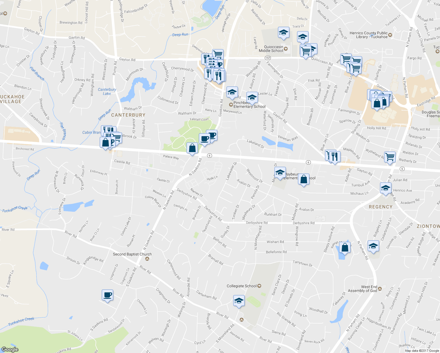 map of restaurants, bars, coffee shops, grocery stores, and more near 1205 Hyde Lane in Richmond