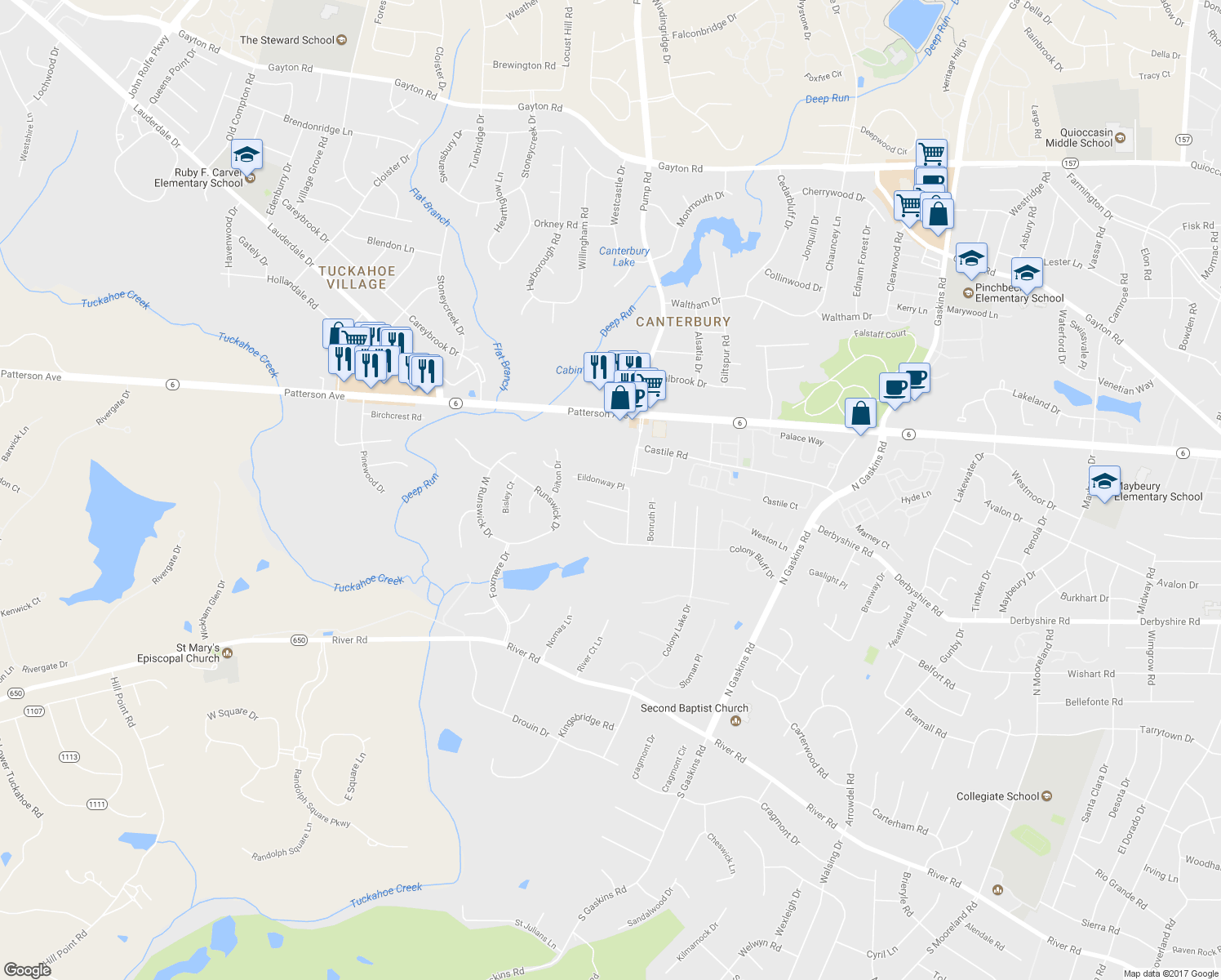 map of restaurants, bars, coffee shops, grocery stores, and more near 9909 Eildonway Place in Richmond