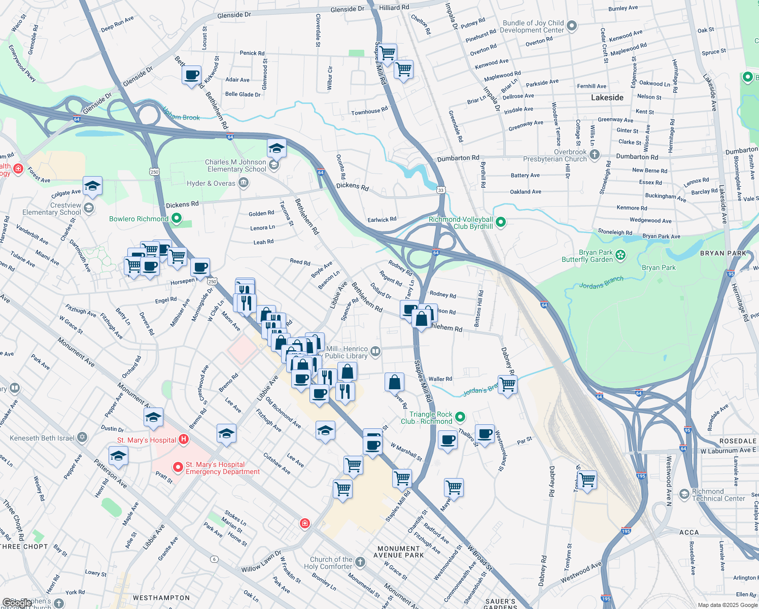 map of restaurants, bars, coffee shops, grocery stores, and more near 4926 Bethlehem Road in Richmond
