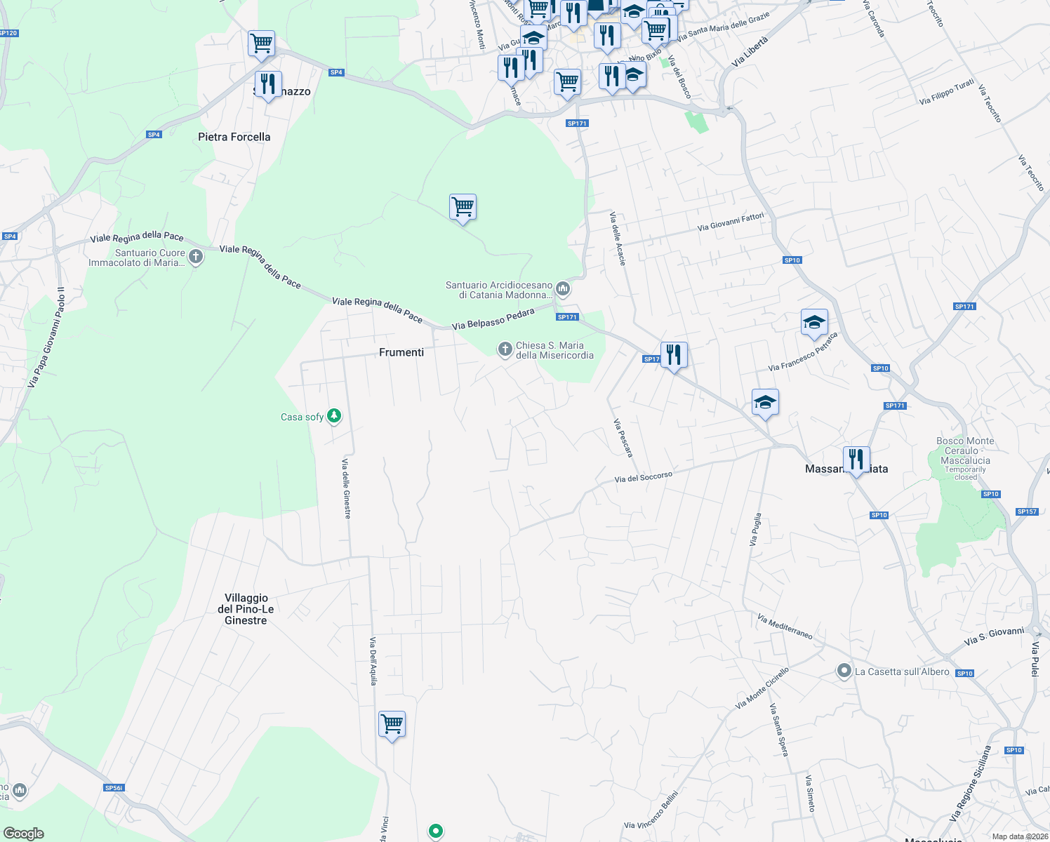 map of restaurants, bars, coffee shops, grocery stores, and more near 2 Via Friuli in Mascalucia
