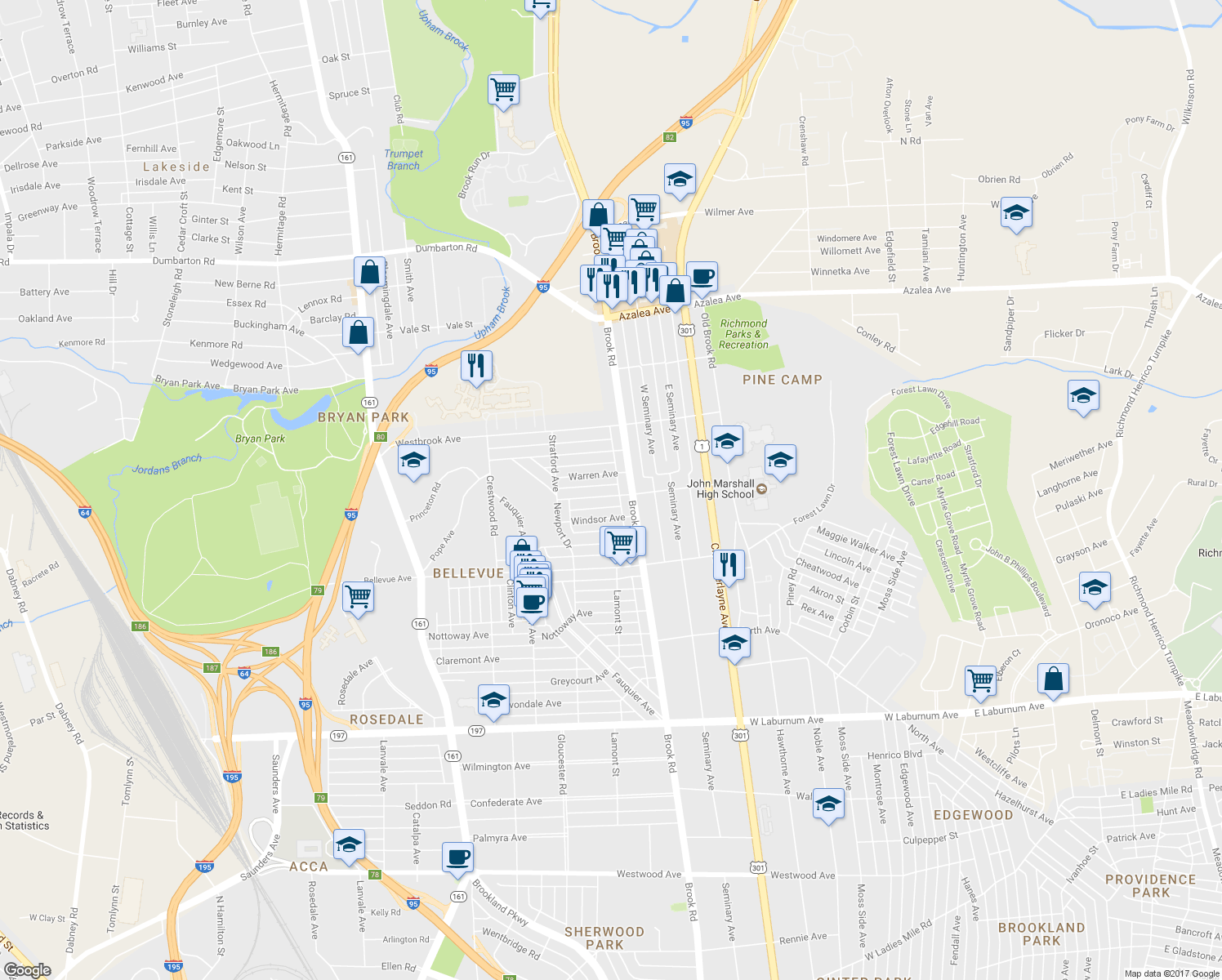 map of restaurants, bars, coffee shops, grocery stores, and more near 1210 Westminster Avenue in Richmond
