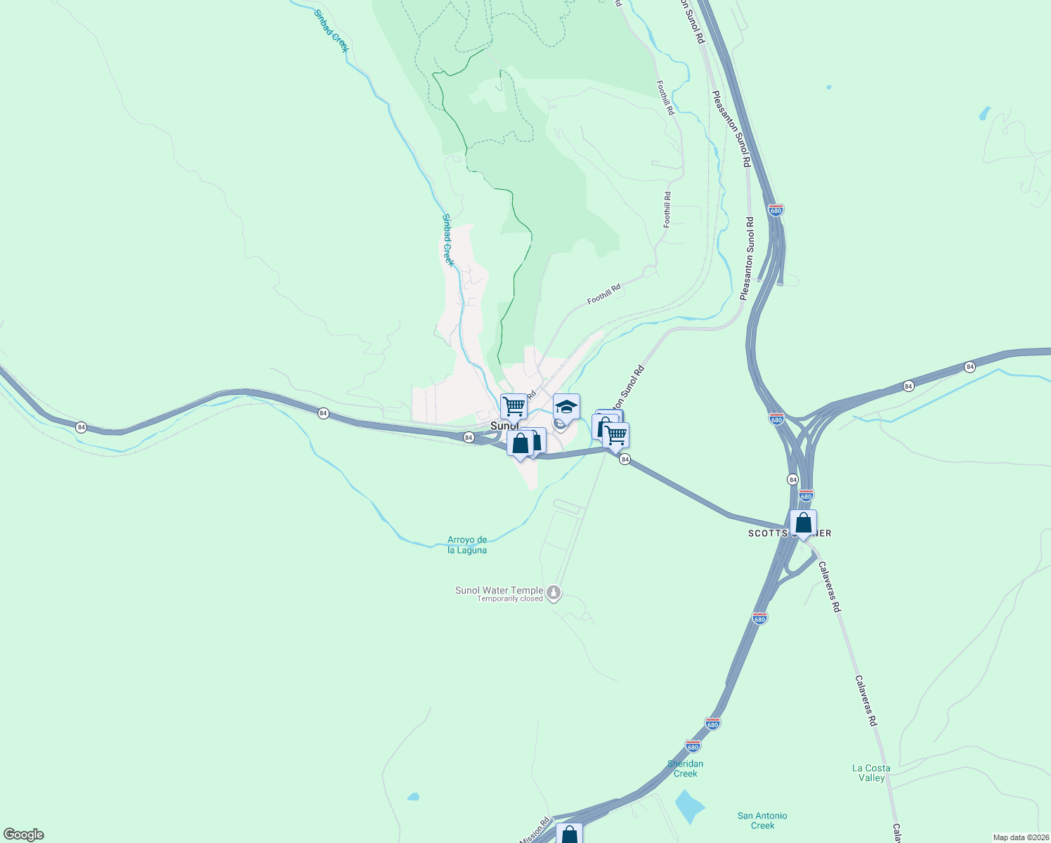 map of restaurants, bars, coffee shops, grocery stores, and more near 11925 Main Street in Sunol