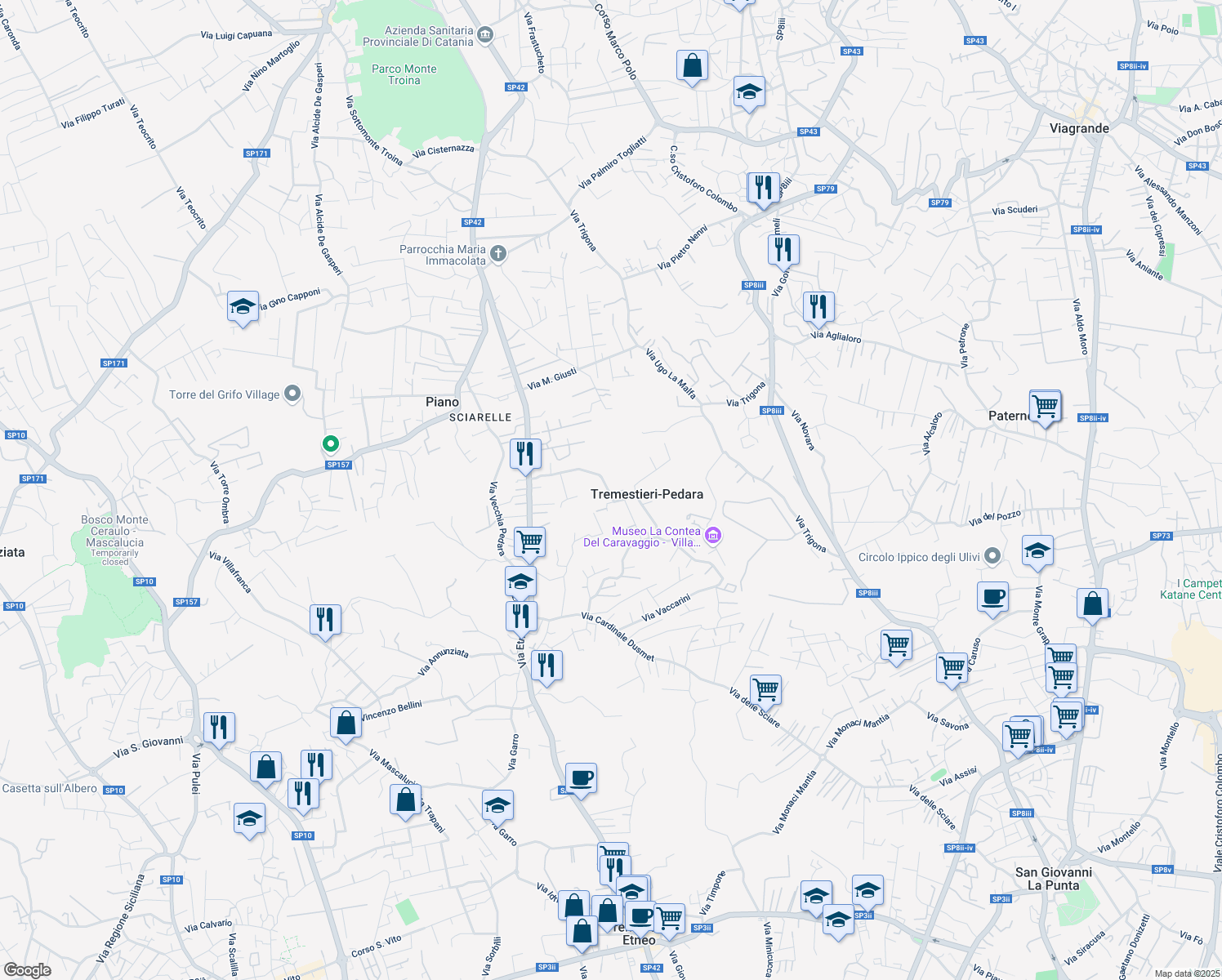 map of restaurants, bars, coffee shops, grocery stores, and more near 35 Via Cardinale Nava Francica in Tremestieri Etneo