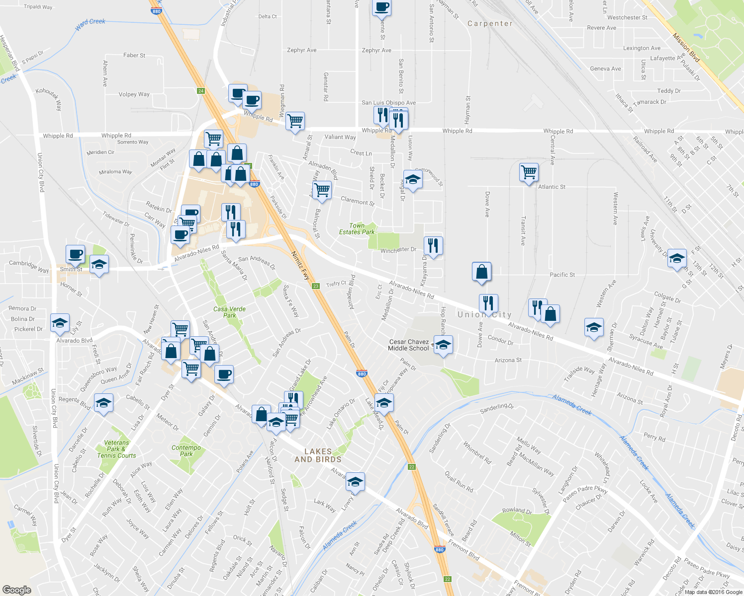 map of restaurants, bars, coffee shops, grocery stores, and more near 2147 Eric Court in Union City
