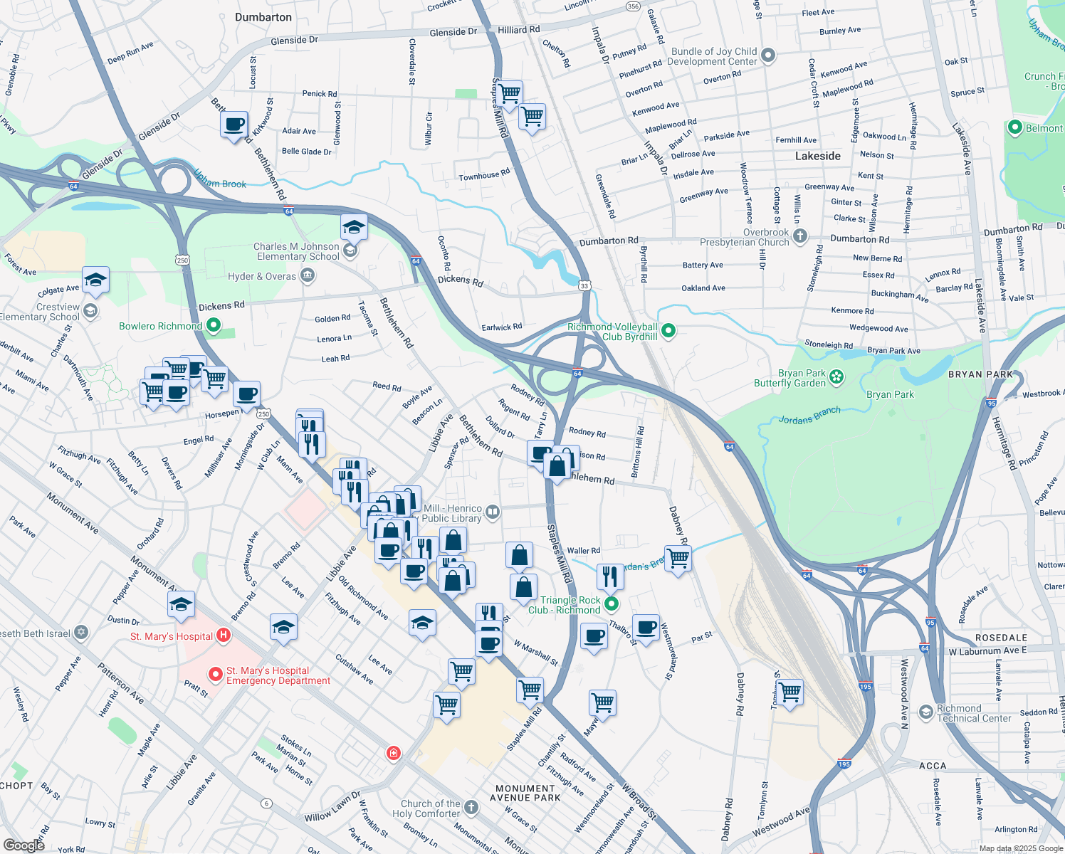 map of restaurants, bars, coffee shops, grocery stores, and more near 4903 Regent Road in Richmond