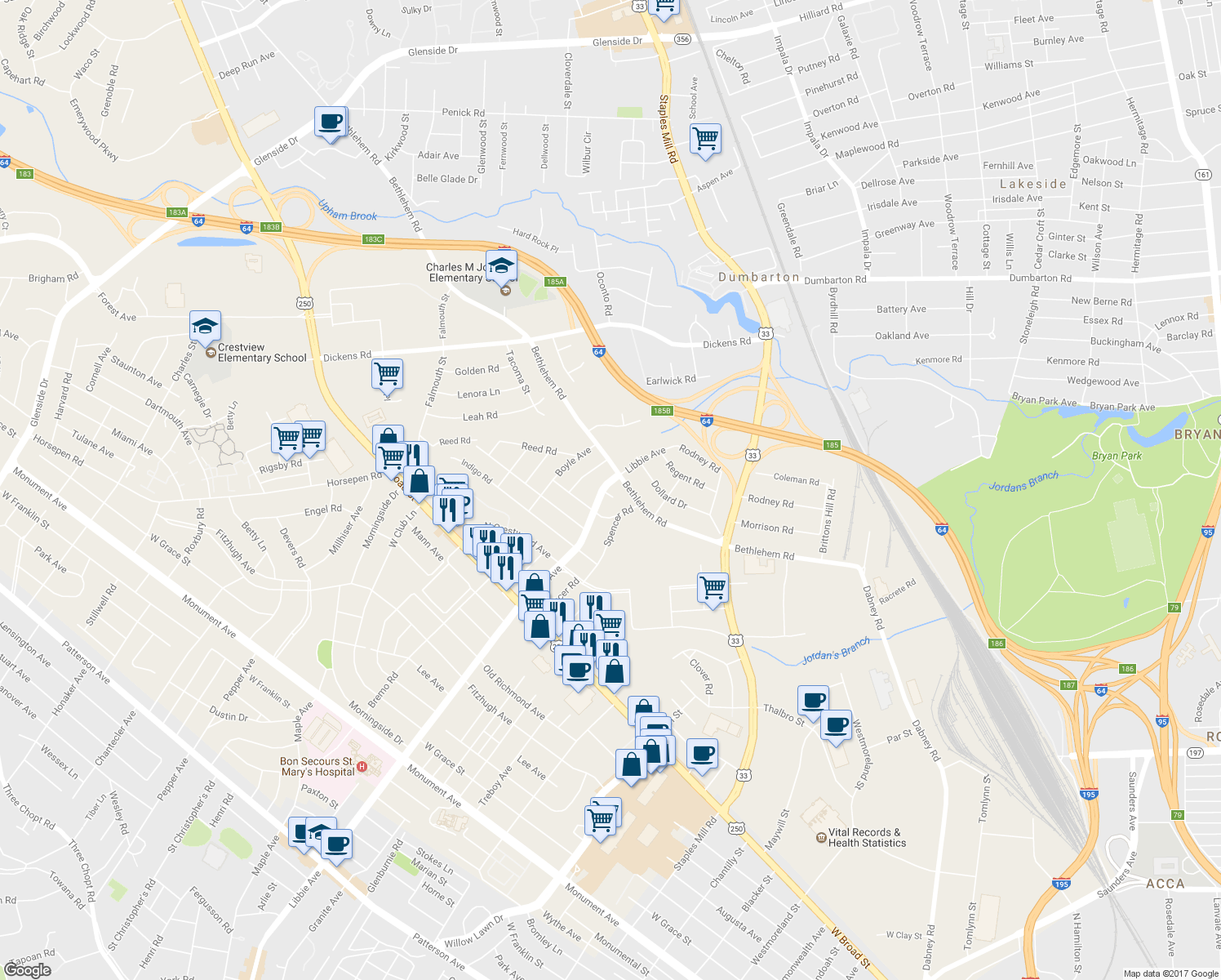 map of restaurants, bars, coffee shops, grocery stores, and more near 2413 Libbie Avenue in Richmond