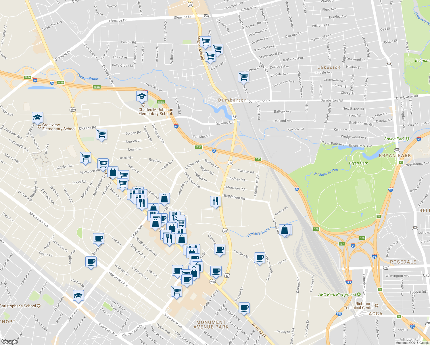 map of restaurants, bars, coffee shops, grocery stores, and more near 4902 Regent Road in Richmond