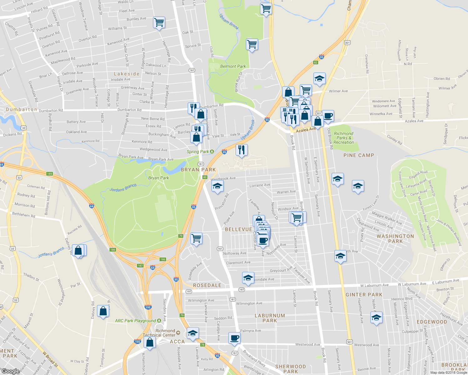 map of restaurants, bars, coffee shops, grocery stores, and more near 1604 Princeton Road in Richmond