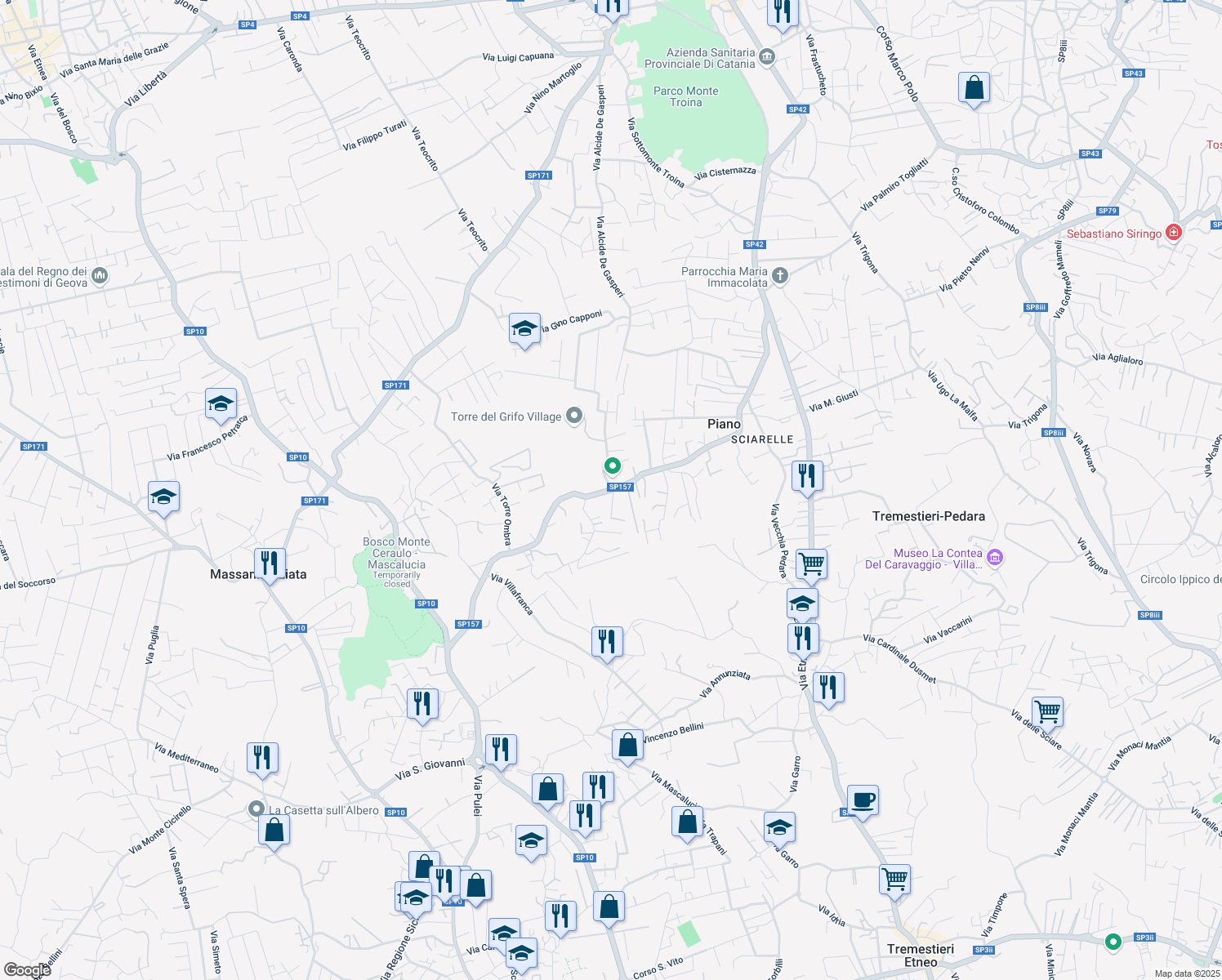 map of restaurants, bars, coffee shops, grocery stores, and more near 2 Via Segesta in Mascalucia