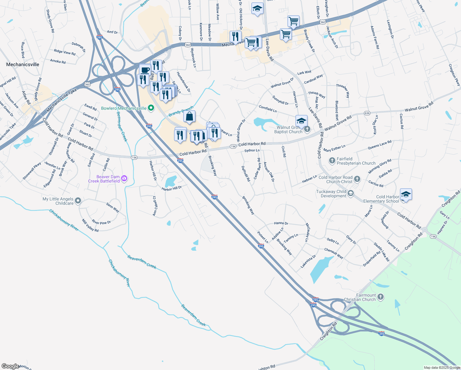 map of restaurants, bars, coffee shops, grocery stores, and more near 7163 Brooking Way in Mechanicsville