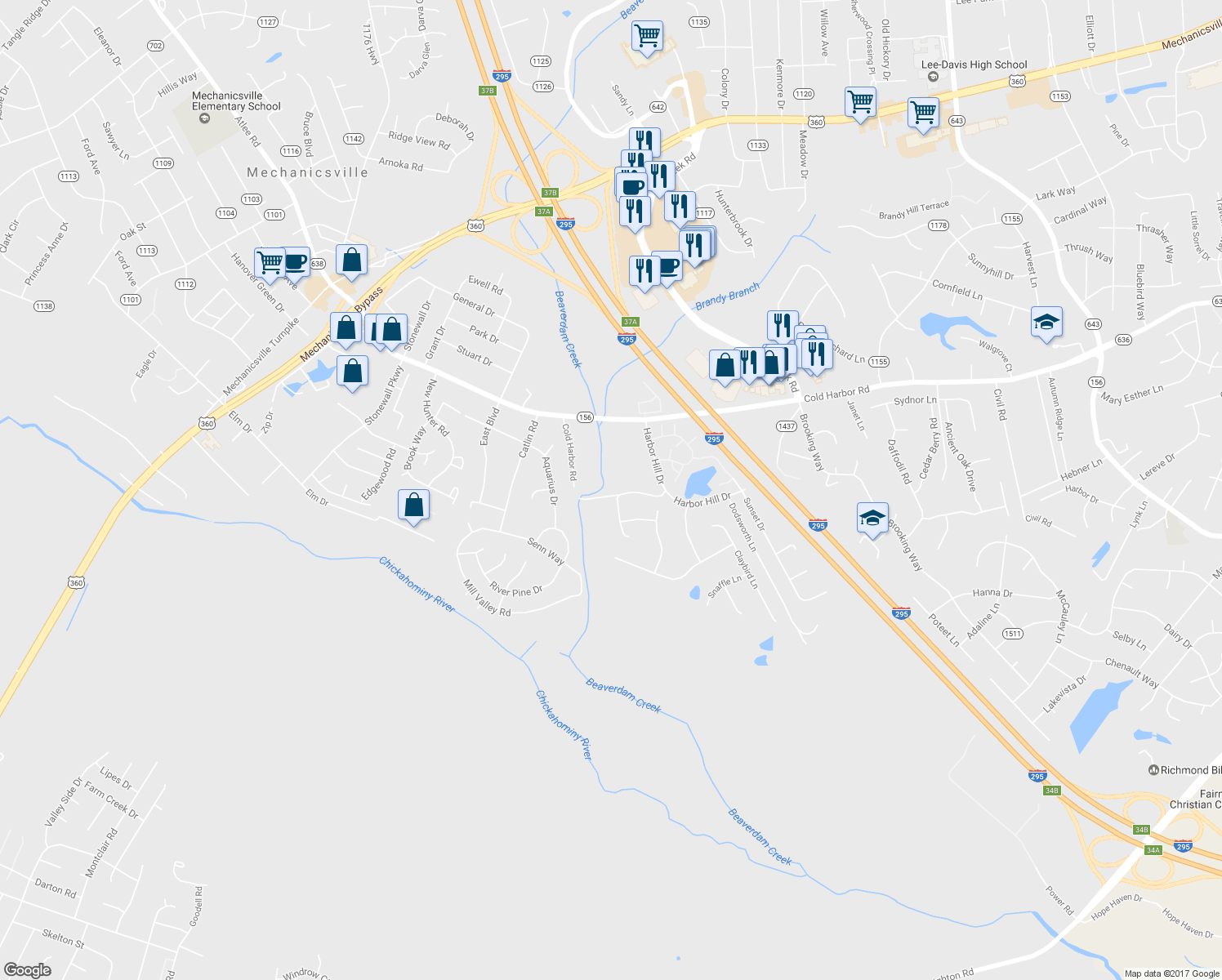 map of restaurants, bars, coffee shops, grocery stores, and more near 7304 Old Cold Harbor Road in Mechanicsville