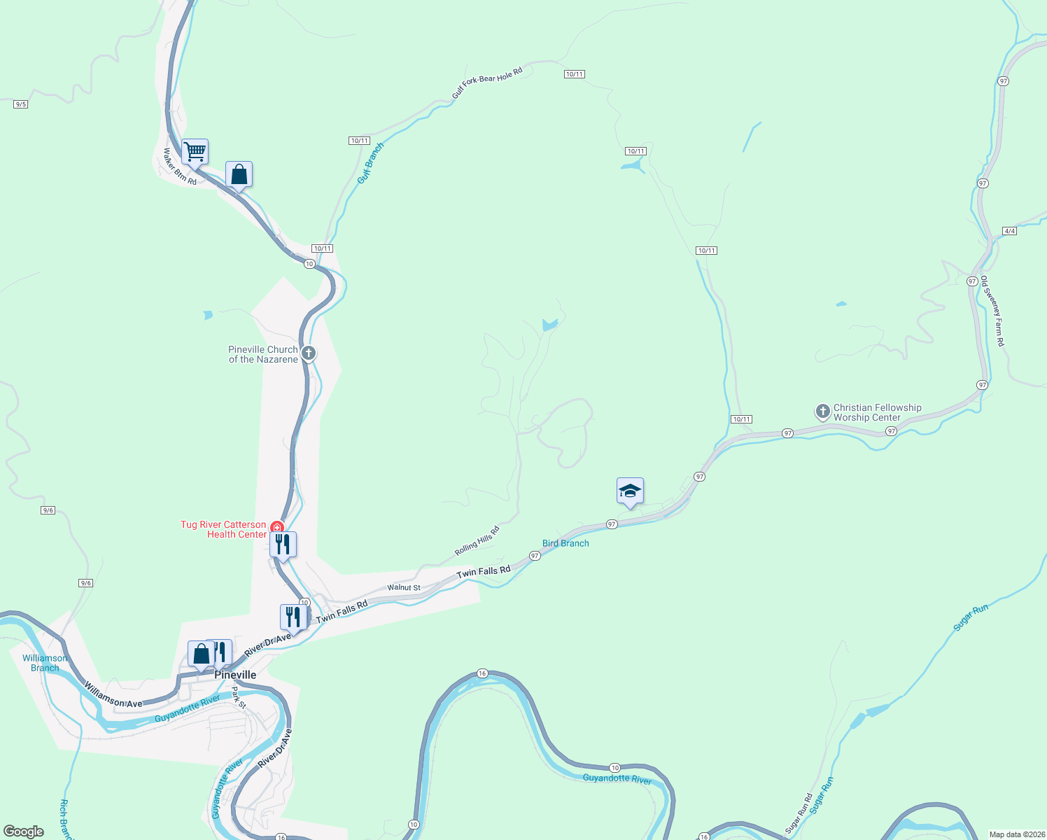 map of restaurants, bars, coffee shops, grocery stores, and more near Rolling Hills Road in Pineville