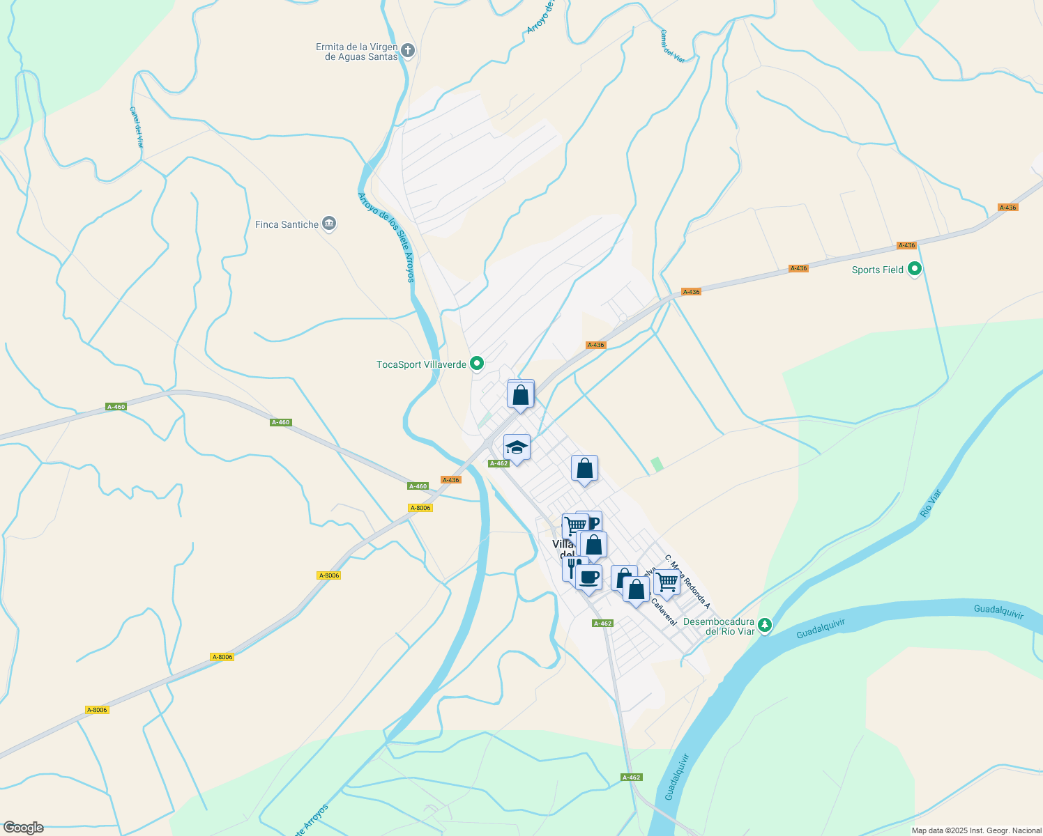 map of restaurants, bars, coffee shops, grocery stores, and more near 24 Calle Santiago Martinez in Villaverde del Río