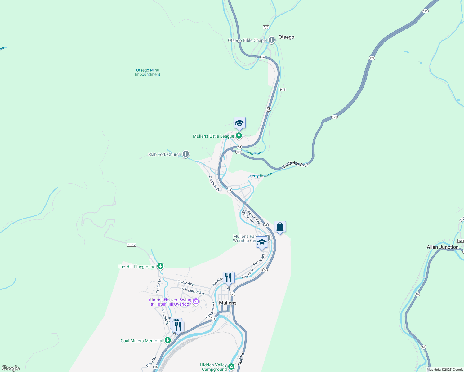 map of restaurants, bars, coffee shops, grocery stores, and more near 1504 County Highway 54/4 in Mullens
