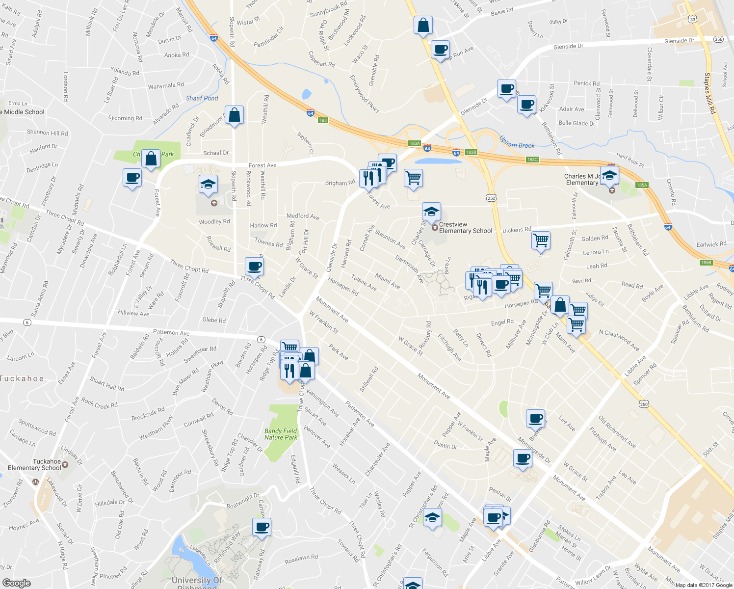 map of restaurants, bars, coffee shops, grocery stores, and more near 6912 Horsepen Road in Richmond