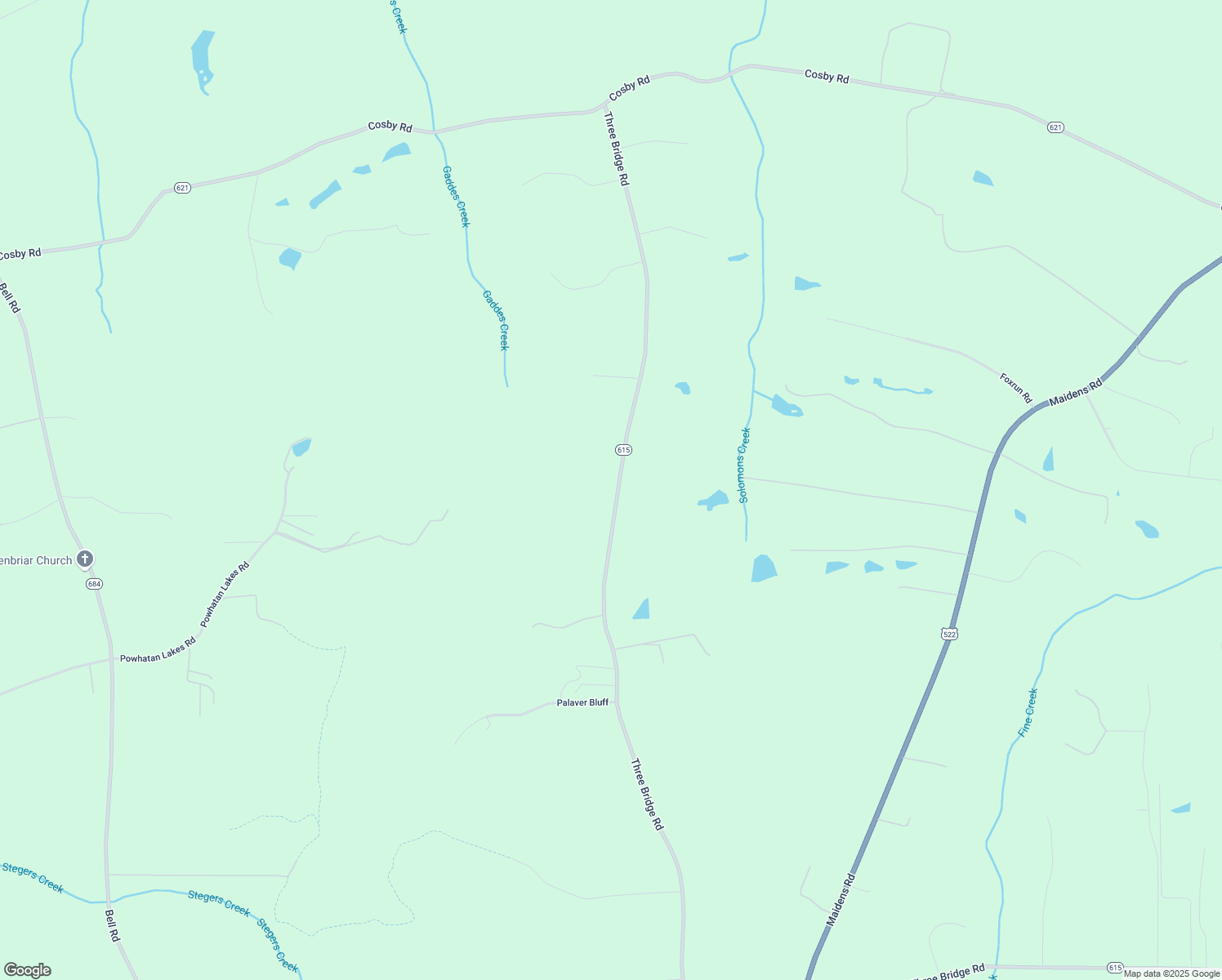 map of restaurants, bars, coffee shops, grocery stores, and more near 4347 Three Bridge Road in Powhatan