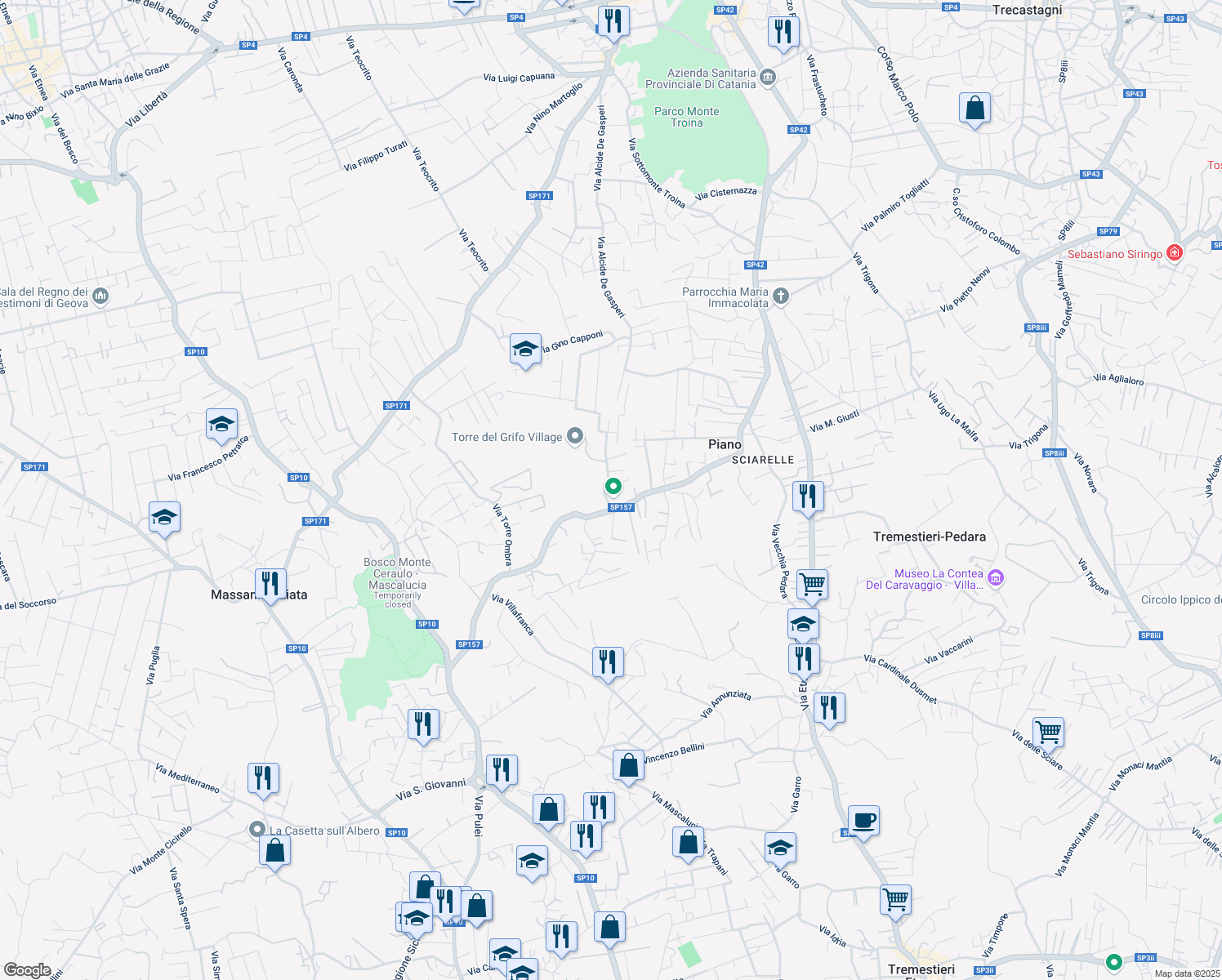 map of restaurants, bars, coffee shops, grocery stores, and more near 2 Via Segesta in Mascalucia