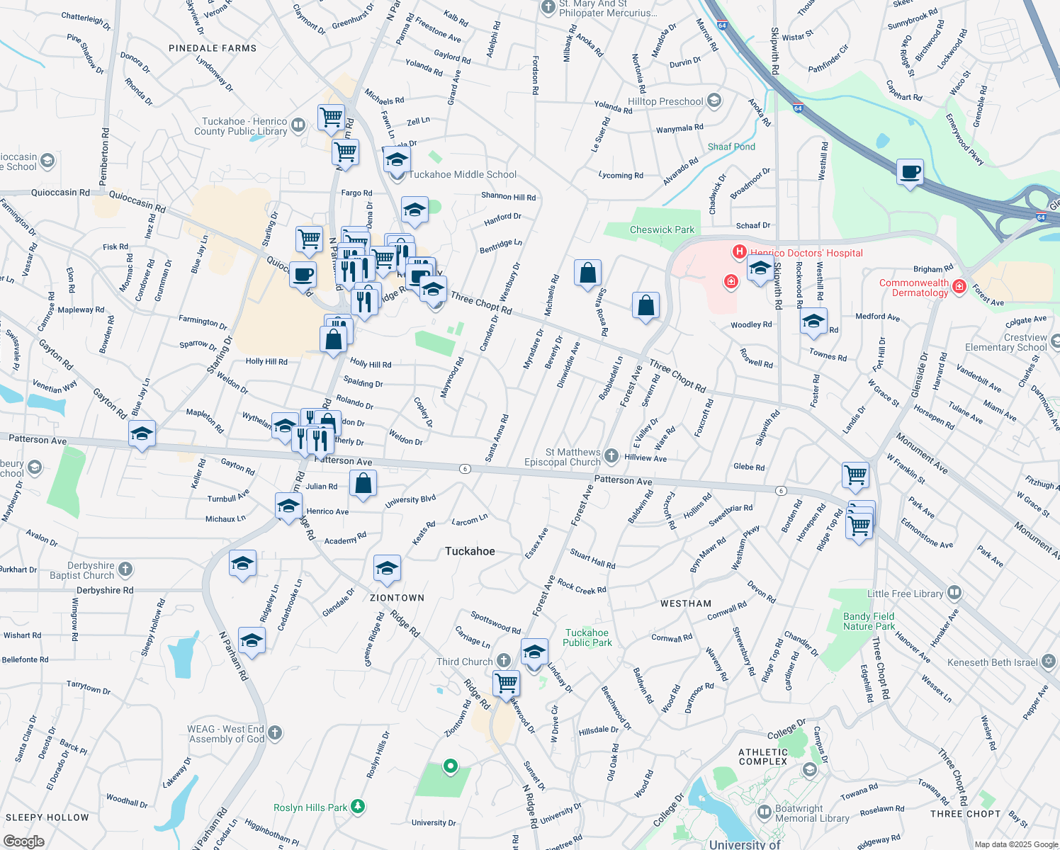 map of restaurants, bars, coffee shops, grocery stores, and more near 1203 Beverly Dr in Richmond